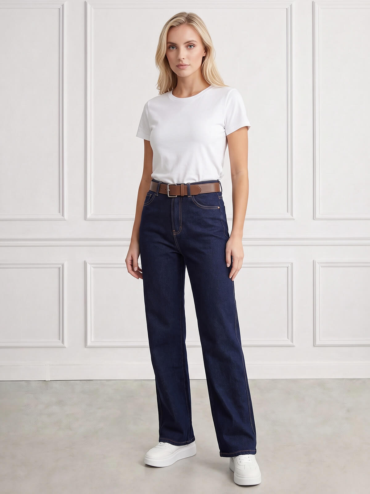 Spodnie jeans damskie M.Sara szerokie proste nogawki Straight Granatowe - J261715