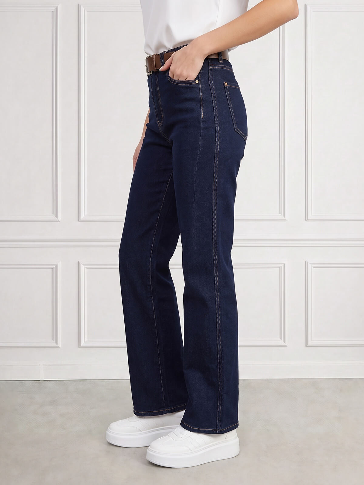 Spodnie jeans damskie M.Sara szerokie proste nogawki Straight Granatowe - J261715
