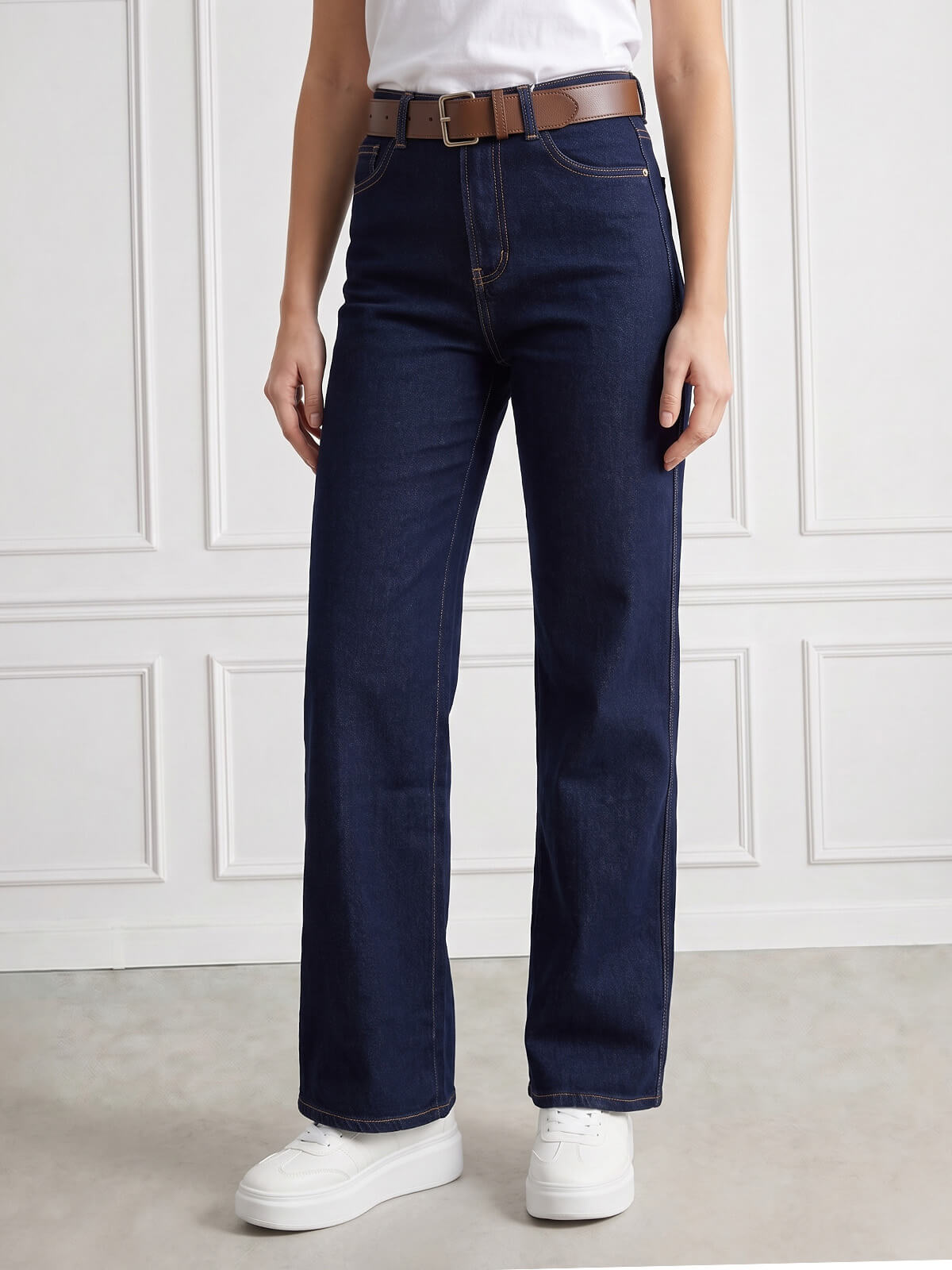 Spodnie jeans damskie M.Sara szerokie proste nogawki Straight Granatowe - J261715