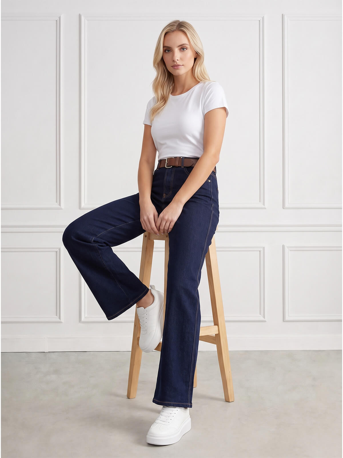 Spodnie jeans damskie M.Sara szerokie proste nogawki Straight Granatowe - J261715