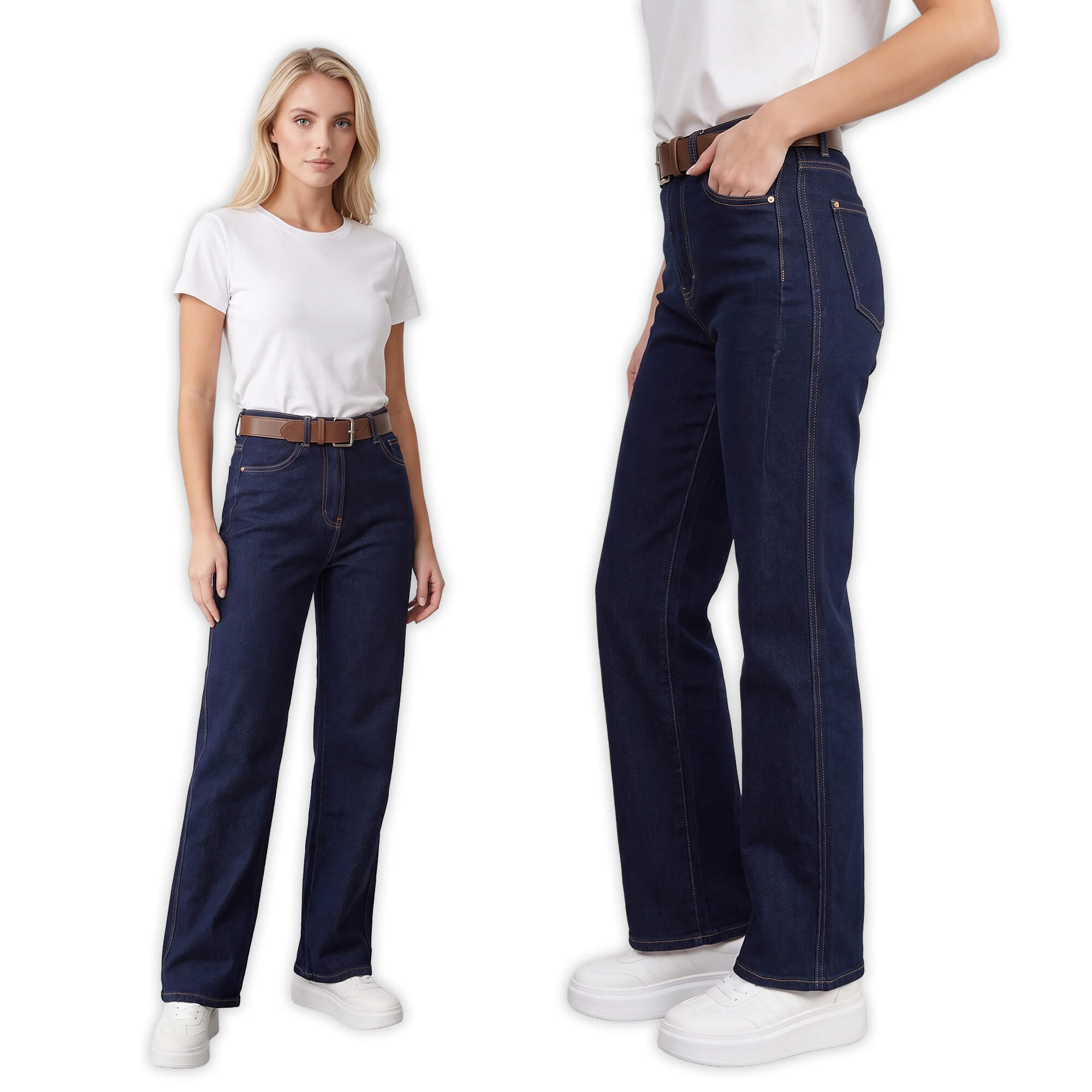 Spodnie jeans damskie M.Sara szerokie proste nogawki Straight Granatowe - J261715