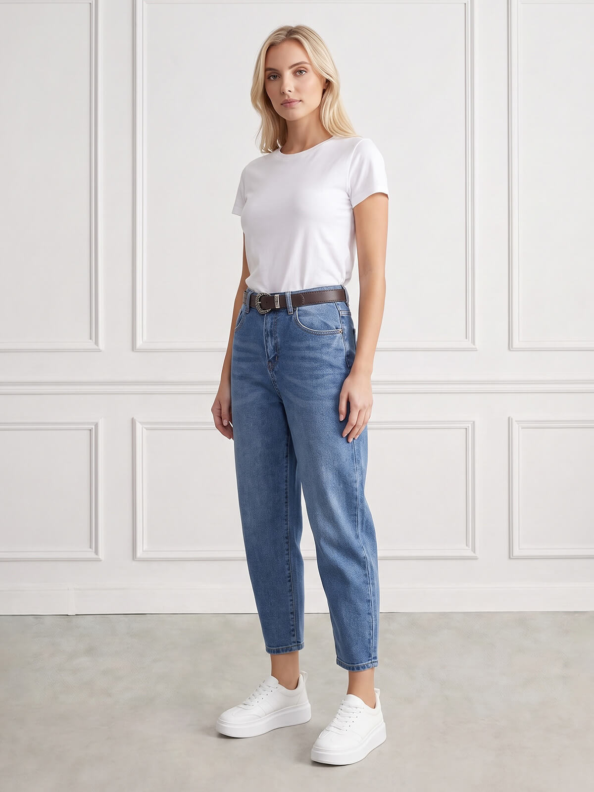 Spodnie jeans damskie M.Sara Balloon wysoki stan Niebieskie - J261710