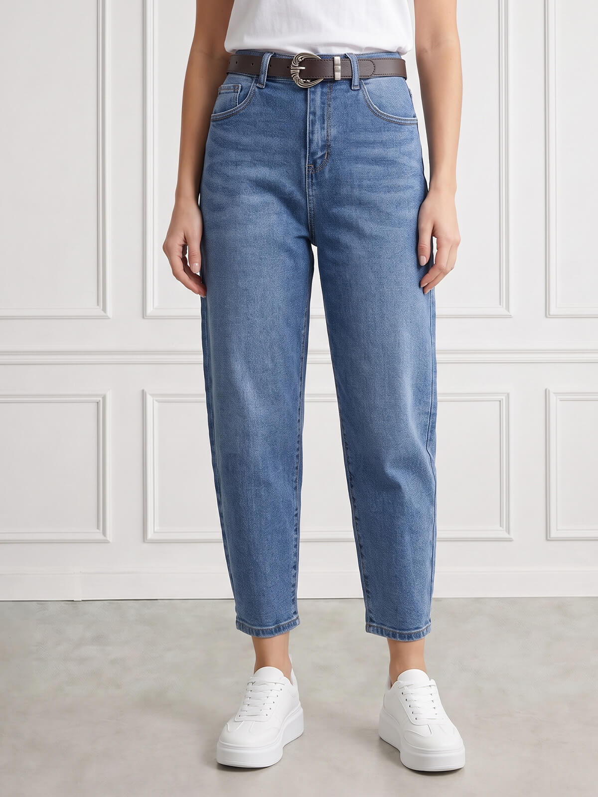 Spodnie jeans damskie M.Sara Balloon wysoki stan Niebieskie - J261710