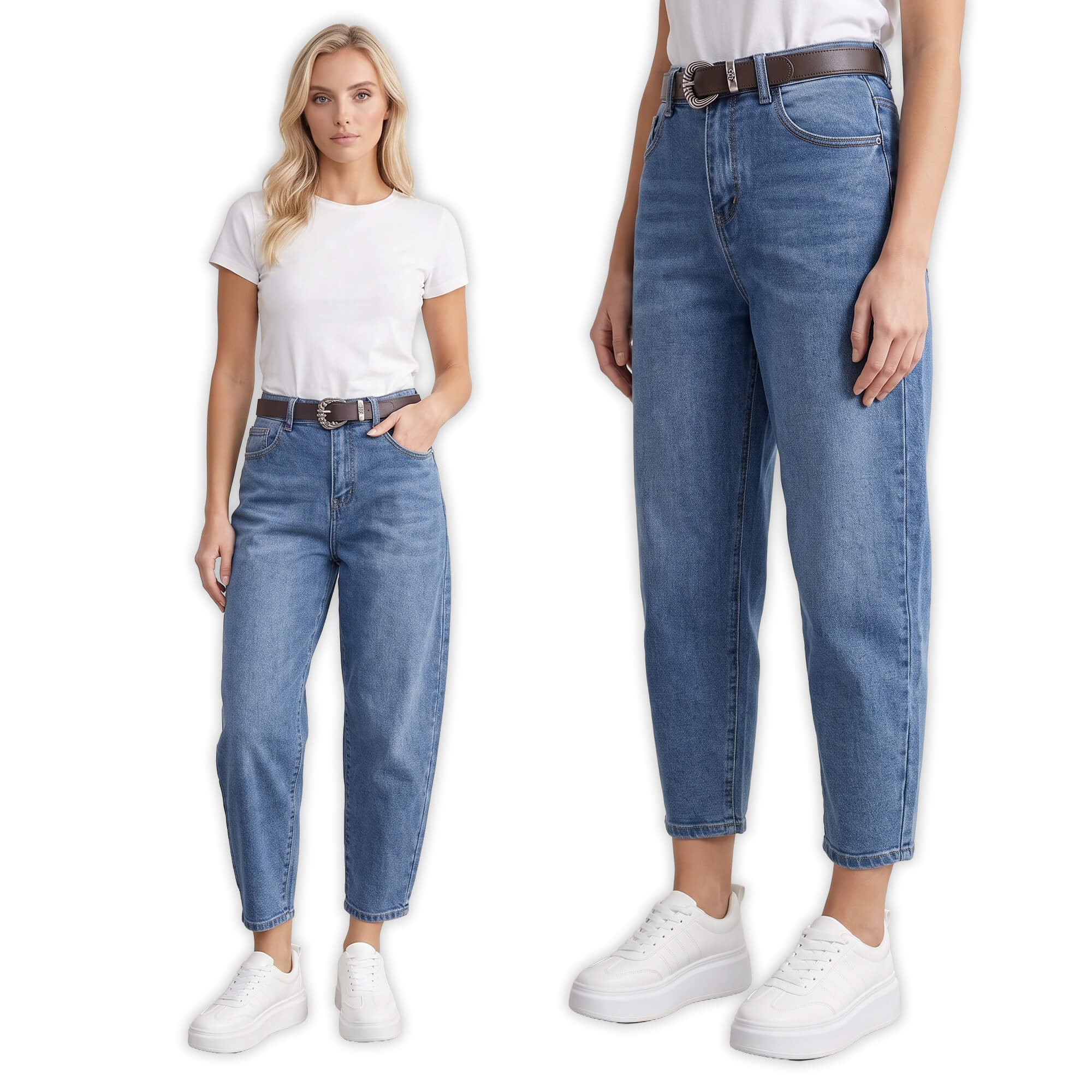 Spodnie jeans damskie M.Sara Balloon wysoki stan Niebieskie - J261710