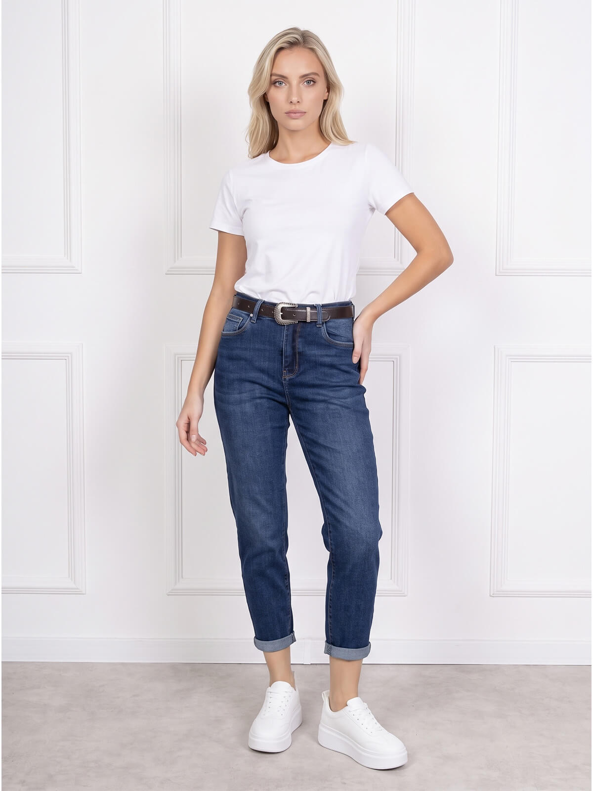 Spodnie jeans damskie M.Sara Boyfriend wysoki stan Niebieskie - J261705