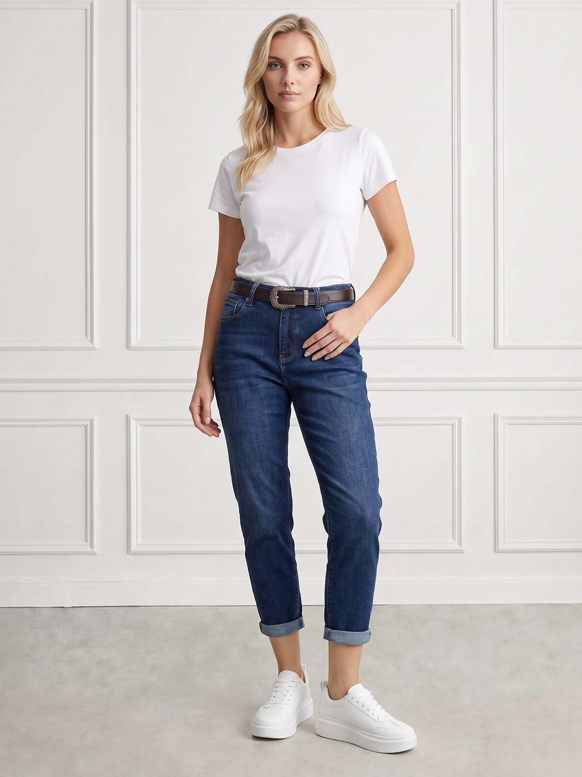 Spodnie jeans damskie M.Sara Boyfriend wysoki stan Niebieskie - J261705
