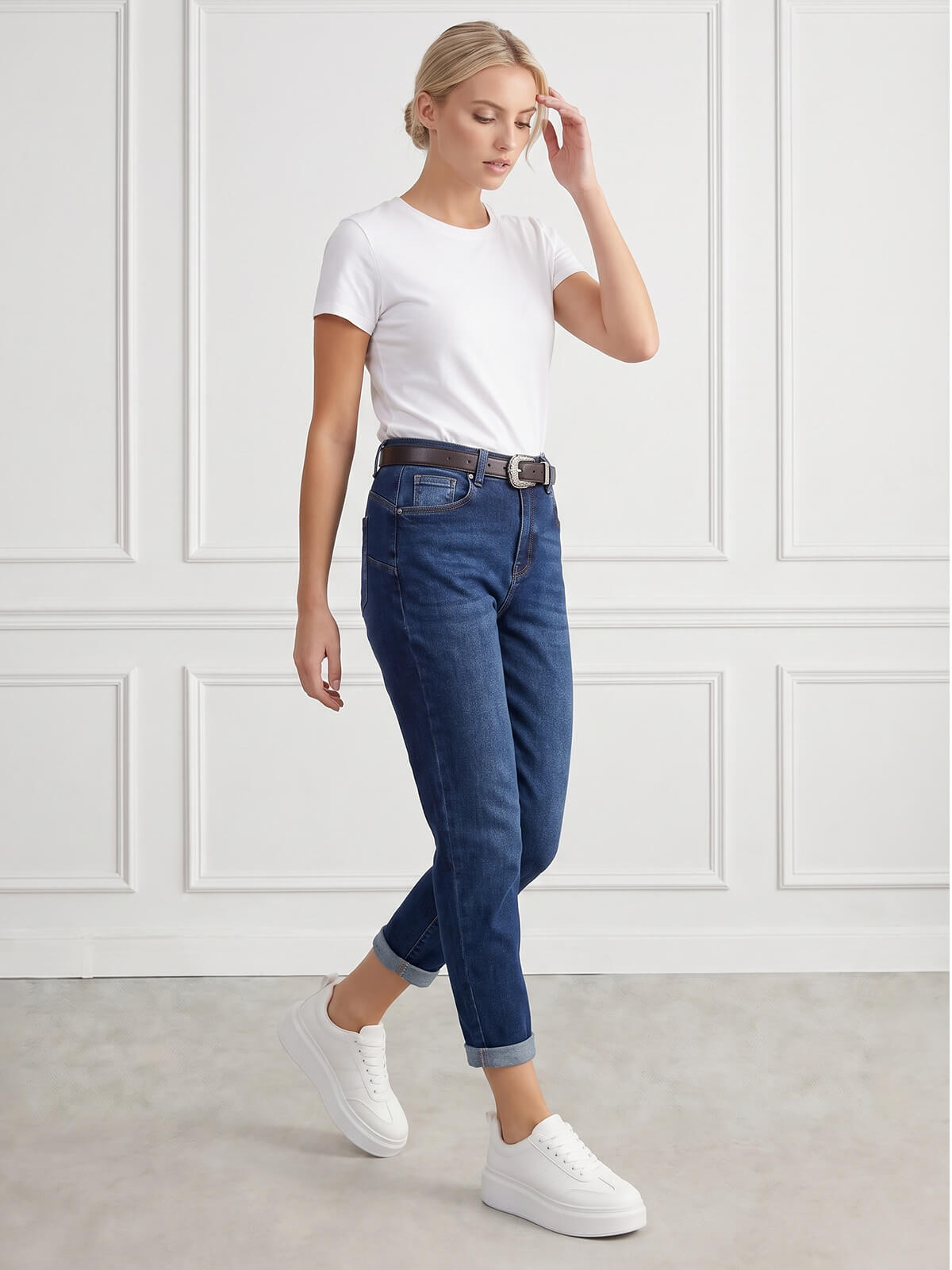 Spodnie jeans damskie M.Sara Boyfriend wysoki stan Niebieskie - J261705