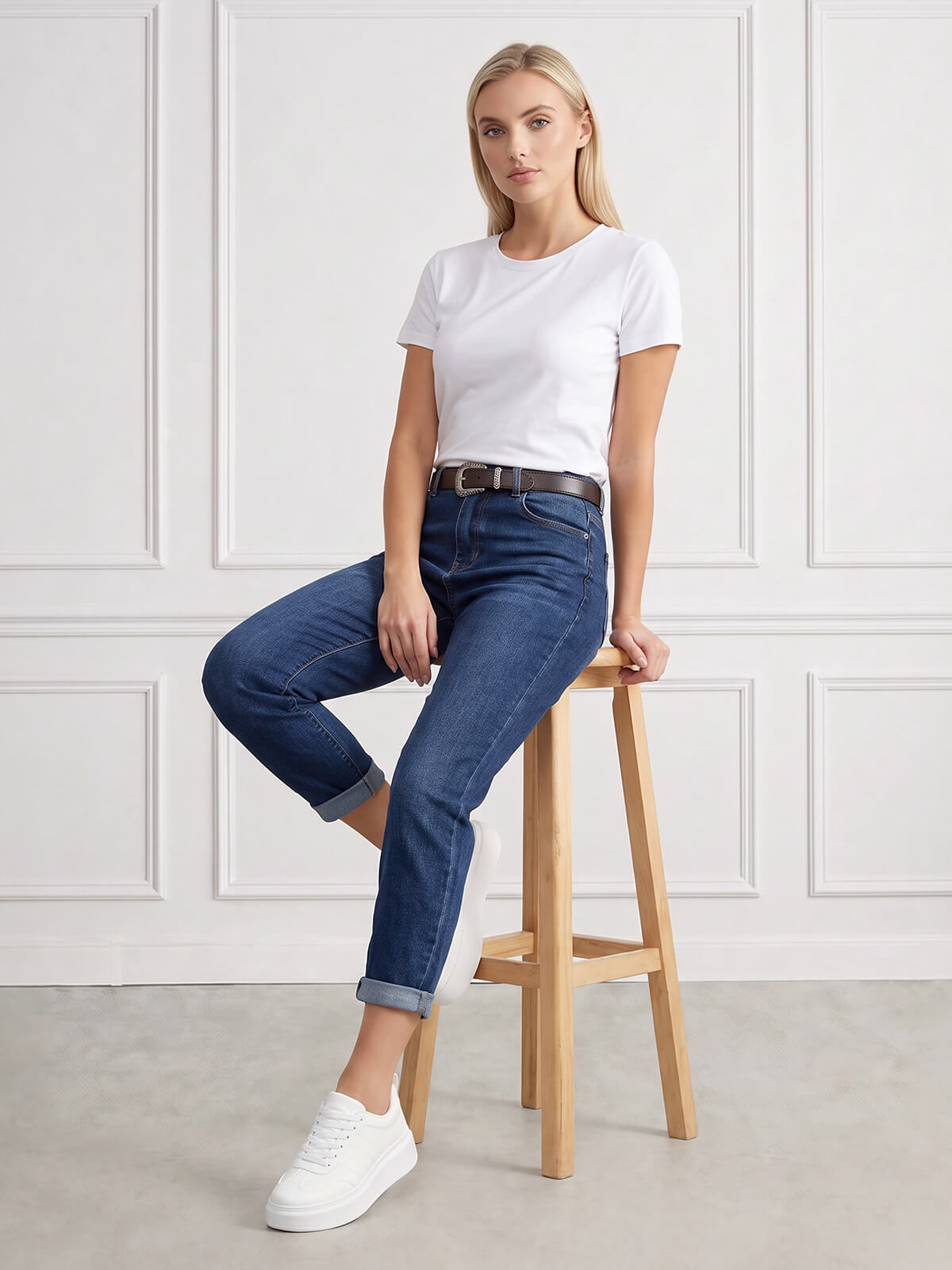 Spodnie jeans damskie M.Sara Boyfriend wysoki stan Niebieskie - J261705