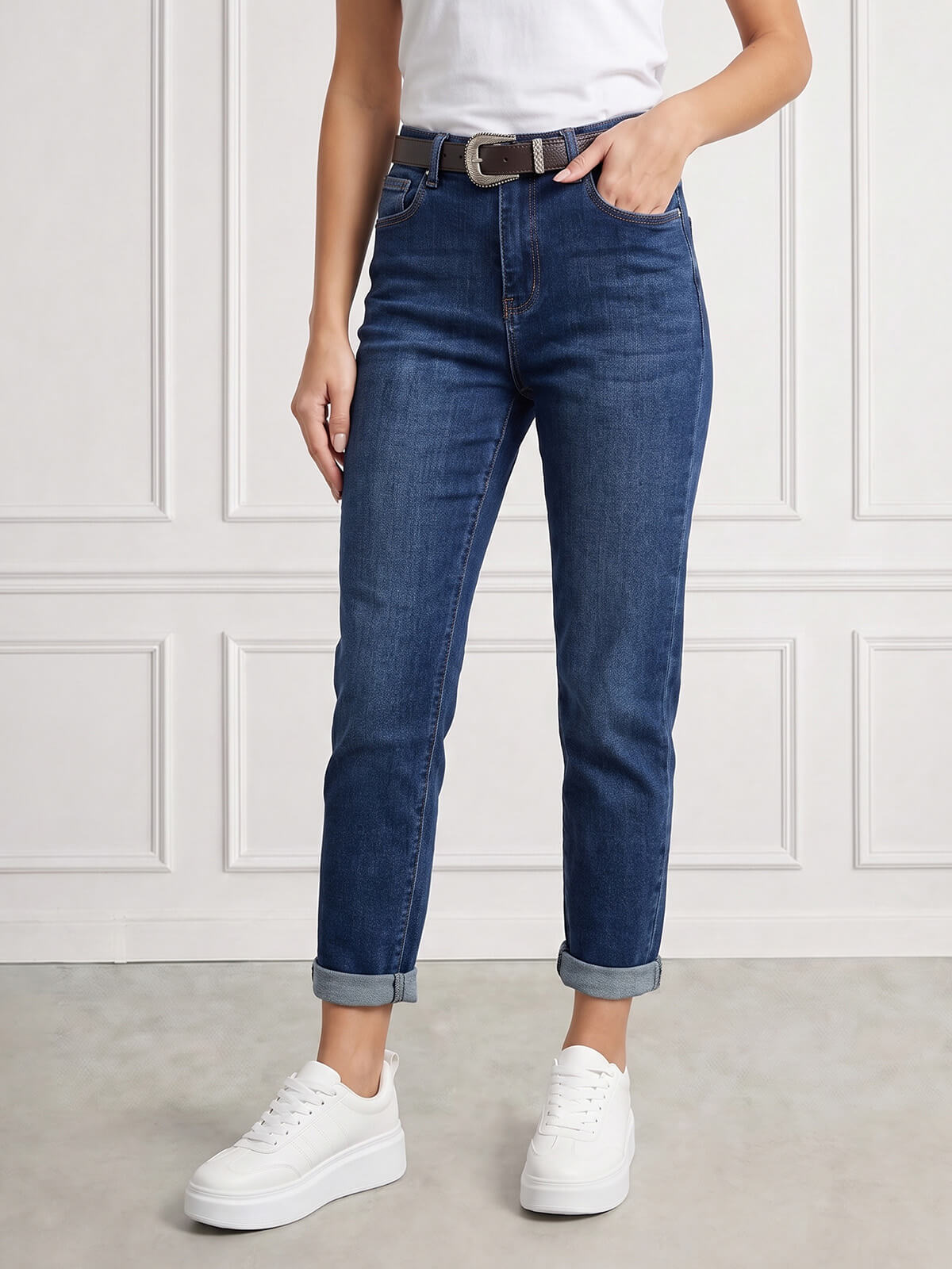 Spodnie jeans damskie M.Sara Boyfriend wysoki stan Niebieskie - J261705