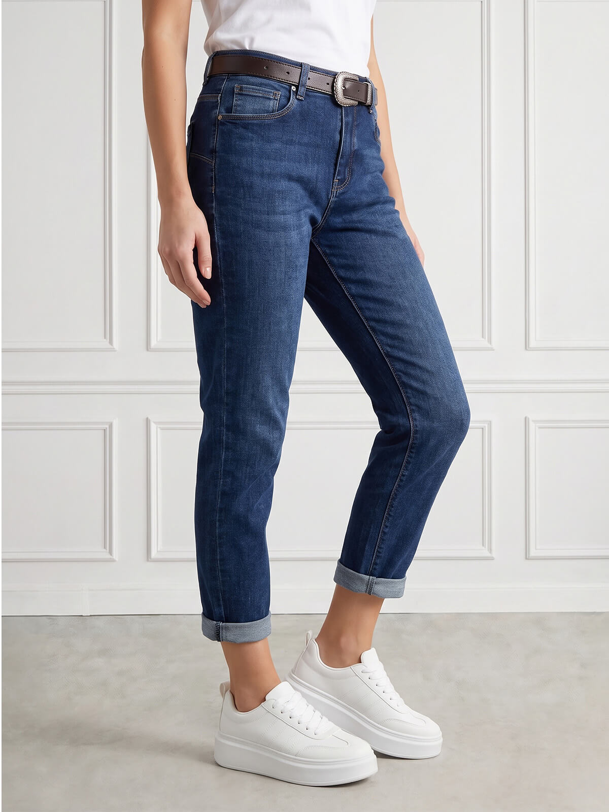 Spodnie jeans damskie M.Sara Boyfriend wysoki stan Niebieskie - J261705