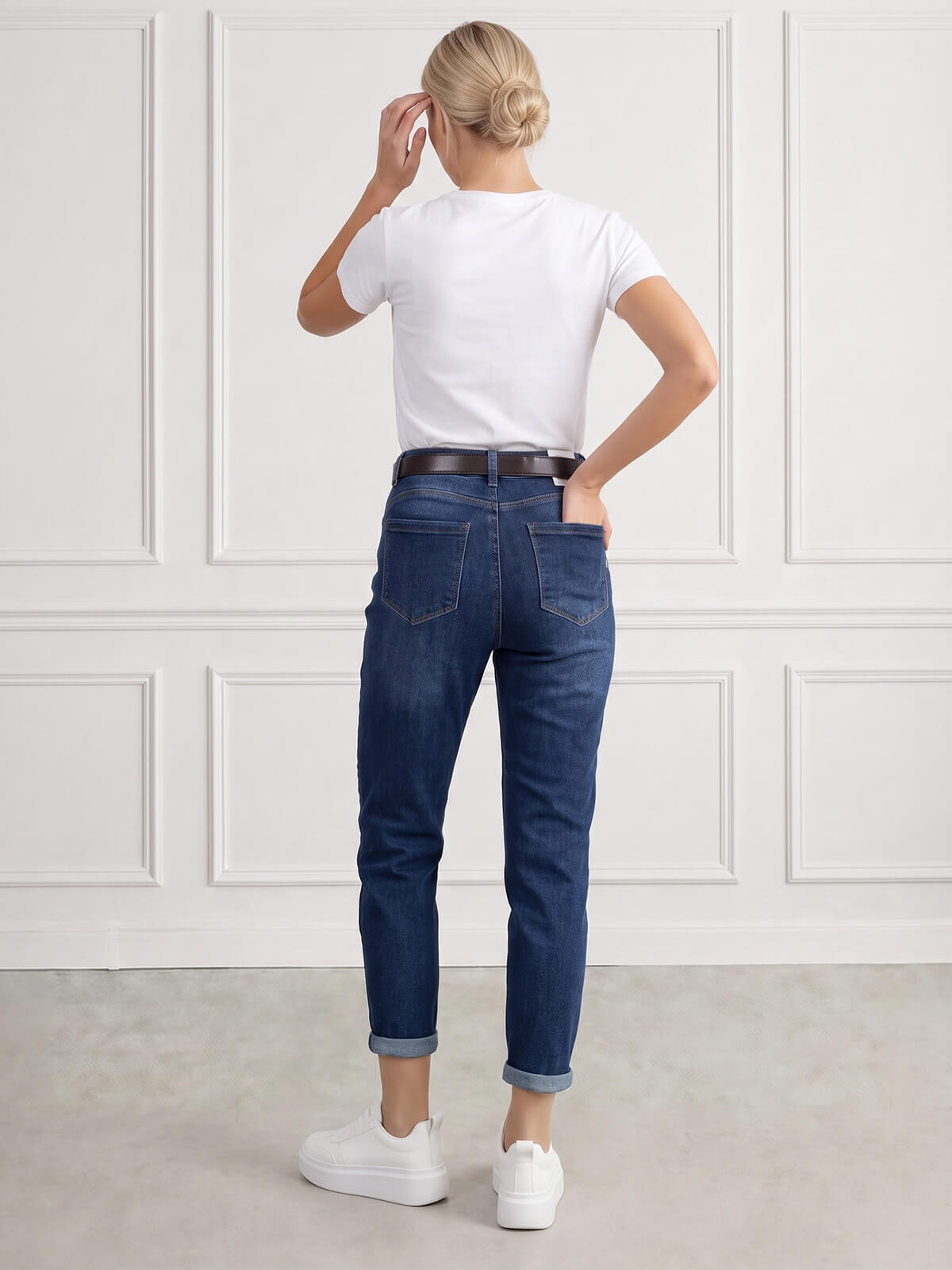 Spodnie jeans damskie M.Sara Boyfriend wysoki stan Niebieskie - J261705