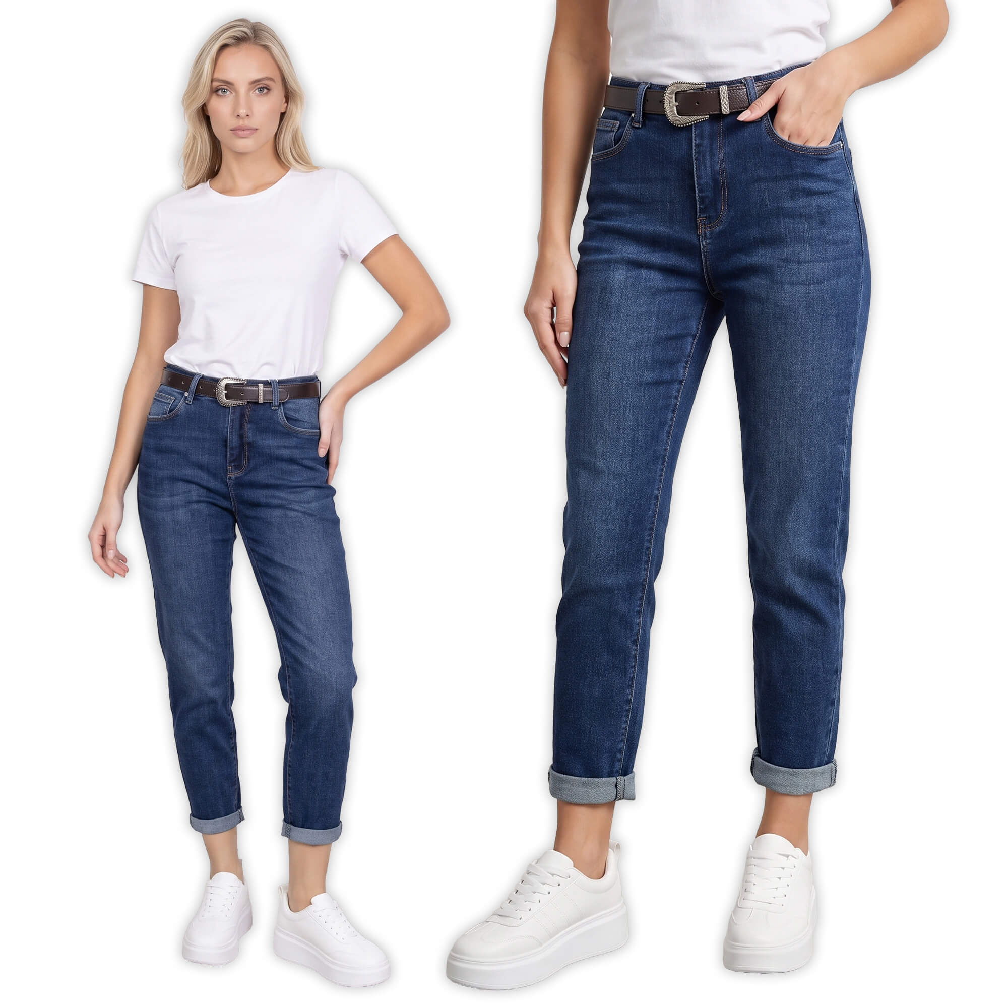 Spodnie jeans damskie M.Sara Boyfriend wysoki stan Niebieskie - J261705