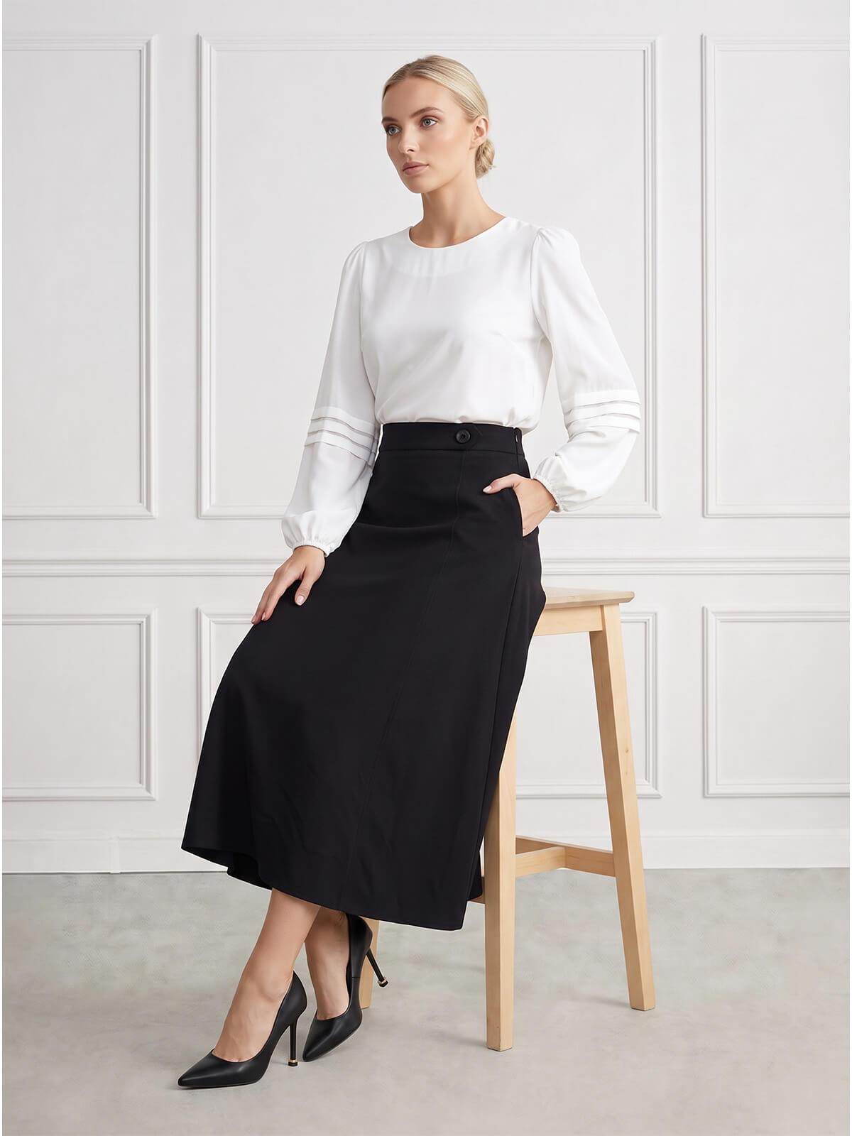 Rozkloszowana spódnica midi BB Czarna - J261689