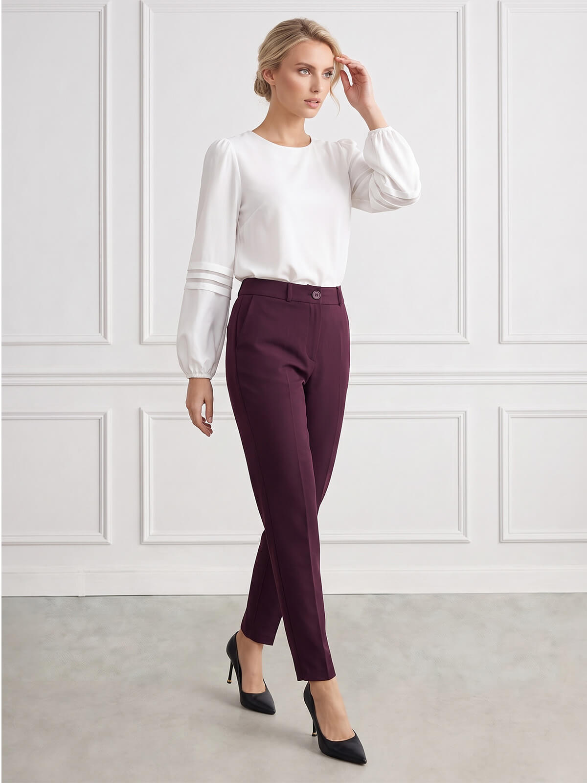 Eleganckie spodnie damskie BB z gumką w pasie Burgundowe - J241931