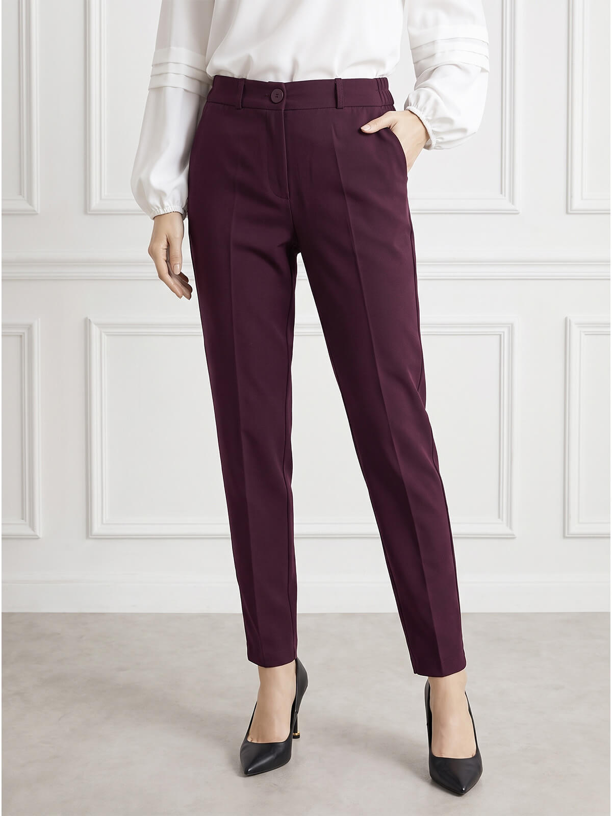 Eleganckie spodnie damskie BB z gumką w pasie Burgundowe - J241931
