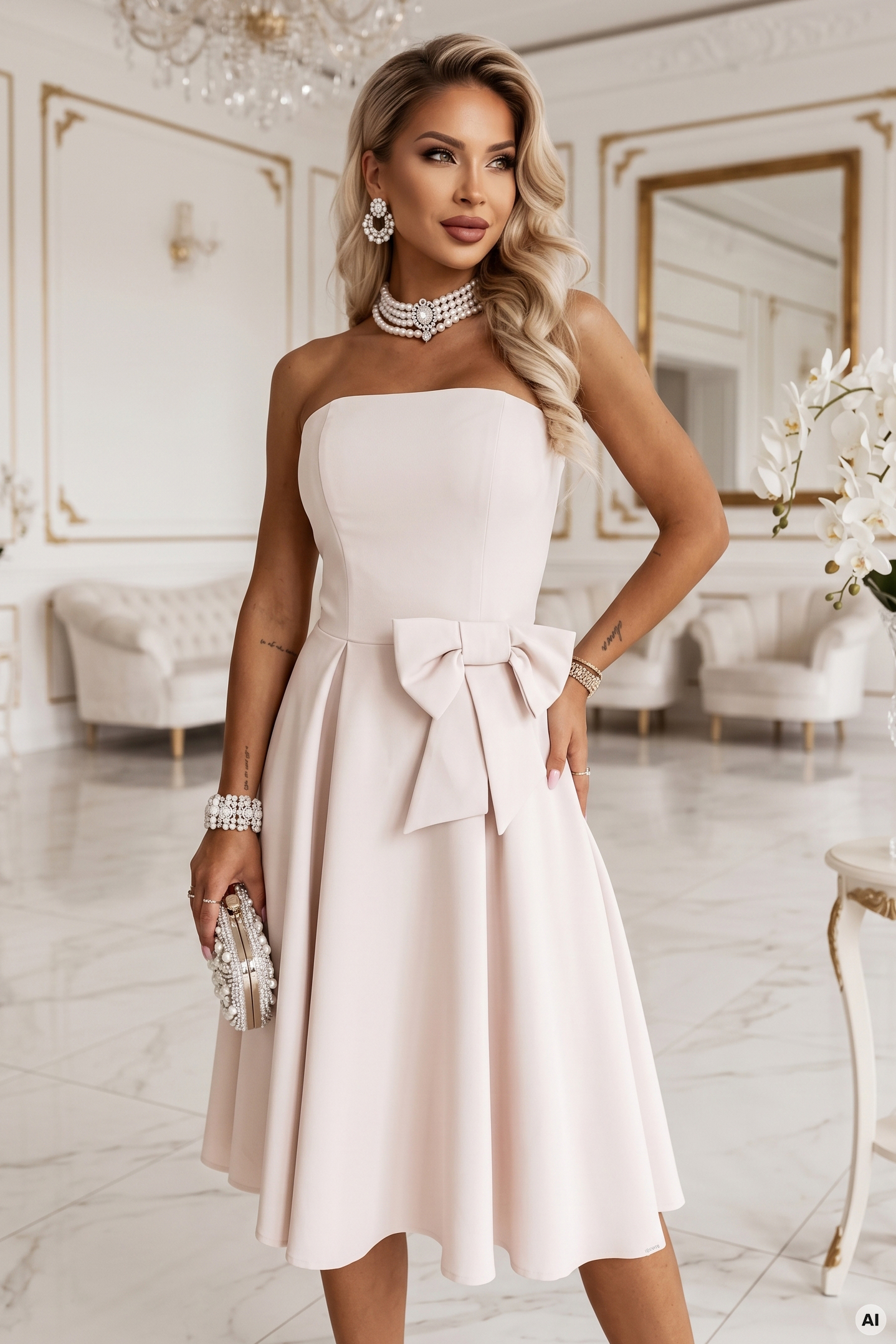 692-2 NAYA elegancka gorsetowa sukienka midi bez ramiączek z kokardą - jasny beż-10 68671 