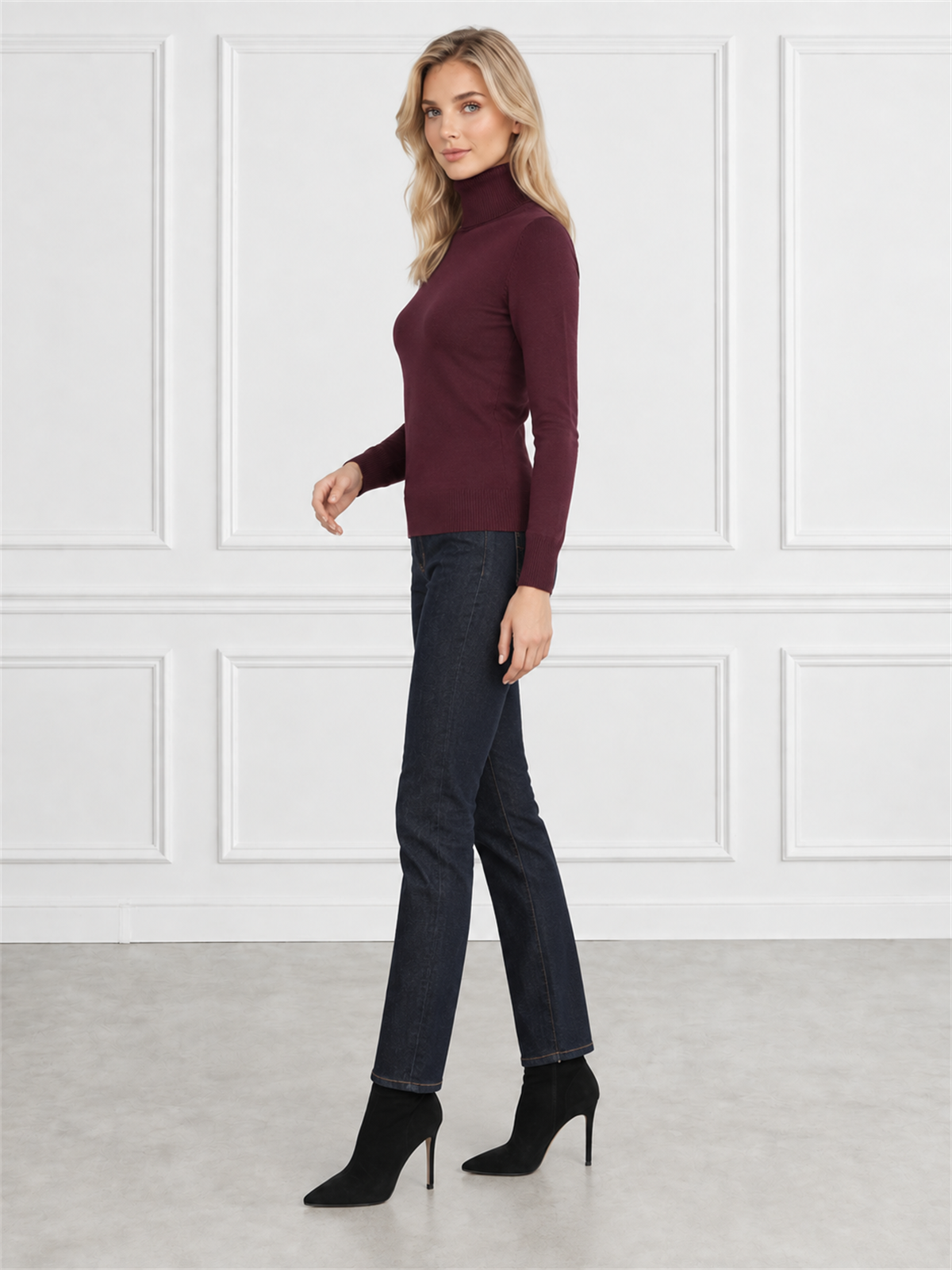Obcisły sweter golf damski Burgundowy - J212533