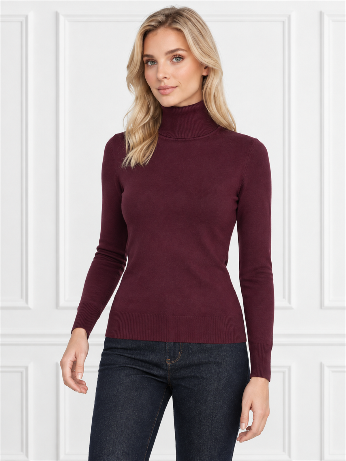 Obcisły sweter golf damski Burgundowy - J212533