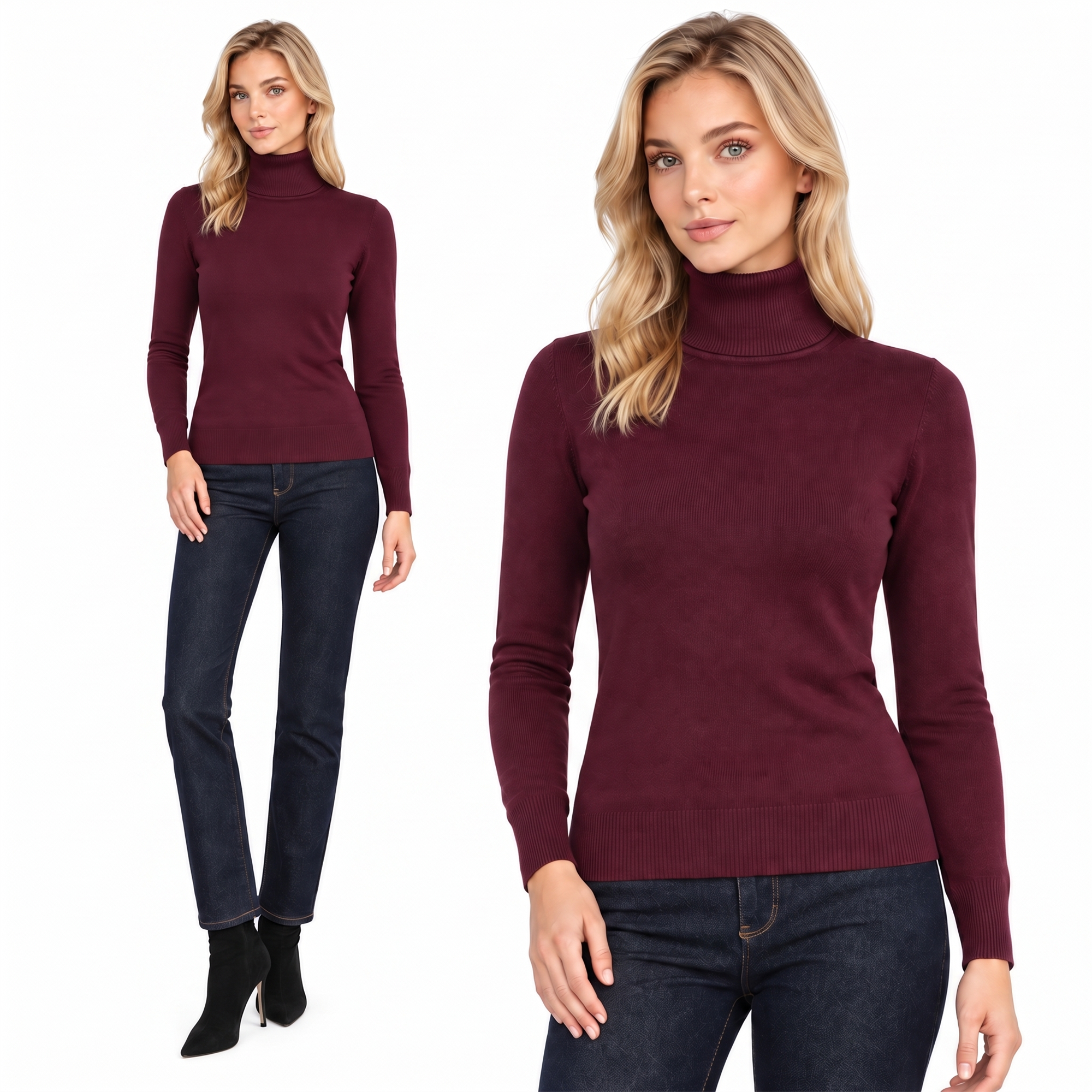 Obcisły sweter golf damski Burgundowy - J212533