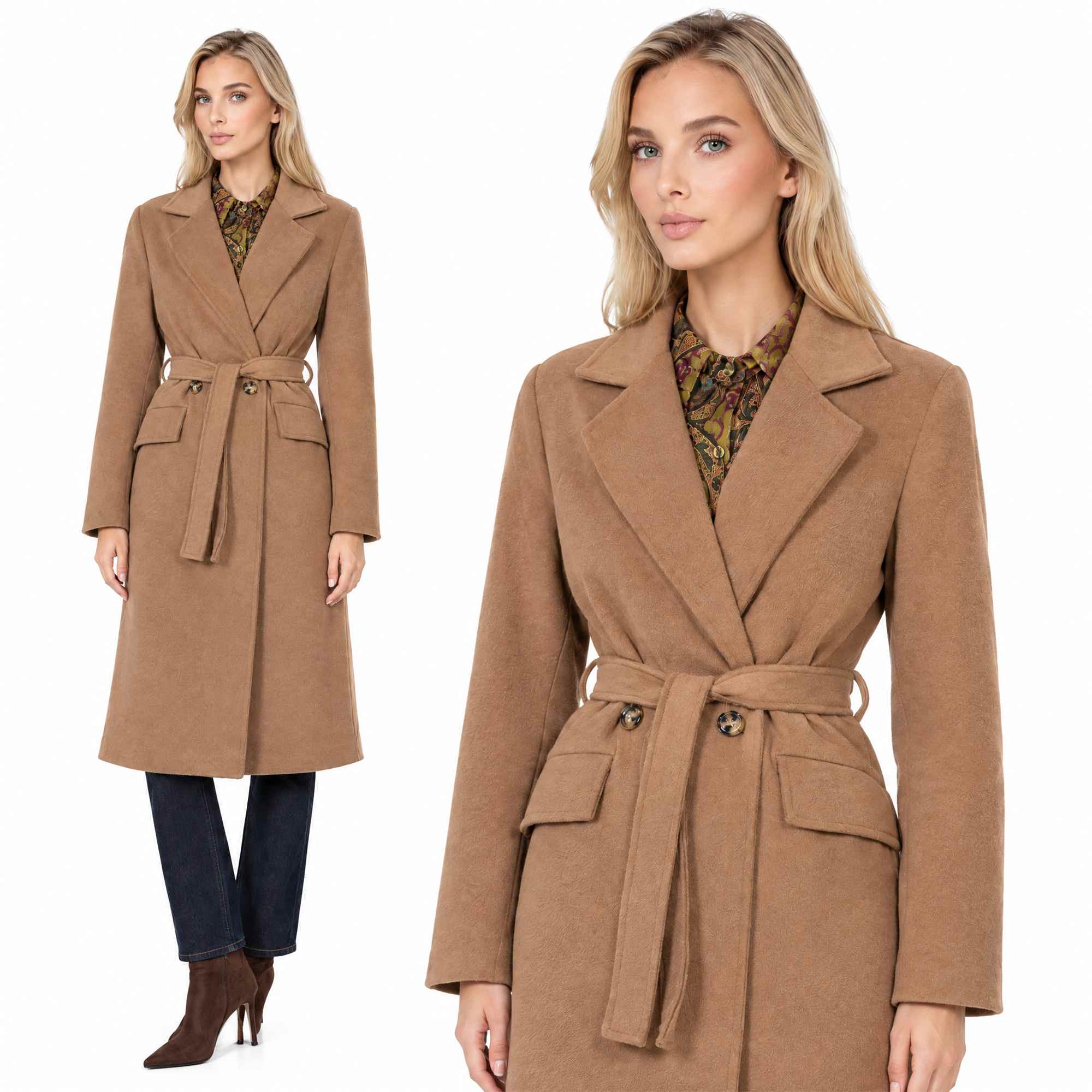 Długi płaszcz damski dyplomatka dwurzędowy Camel - J261892