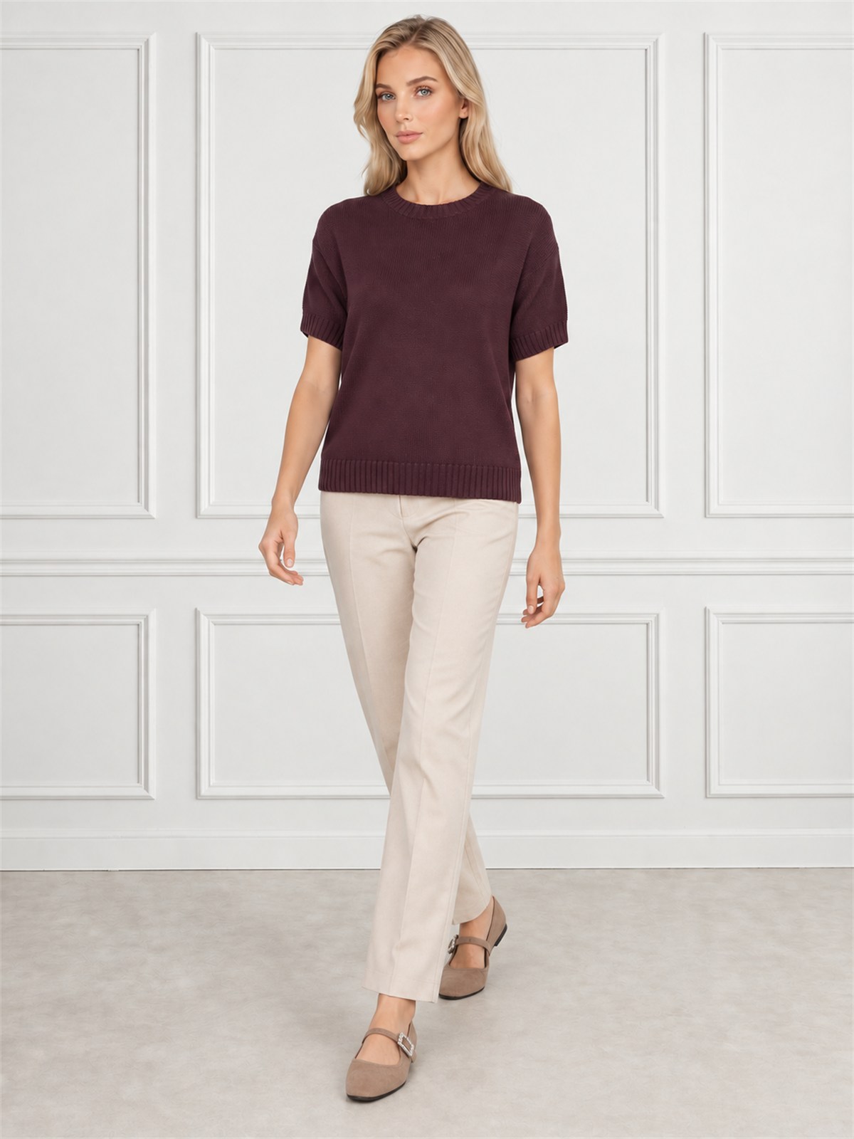 Sweter damski z krótkim rękawem bawełniany krój prosty Burgundowy - W260298