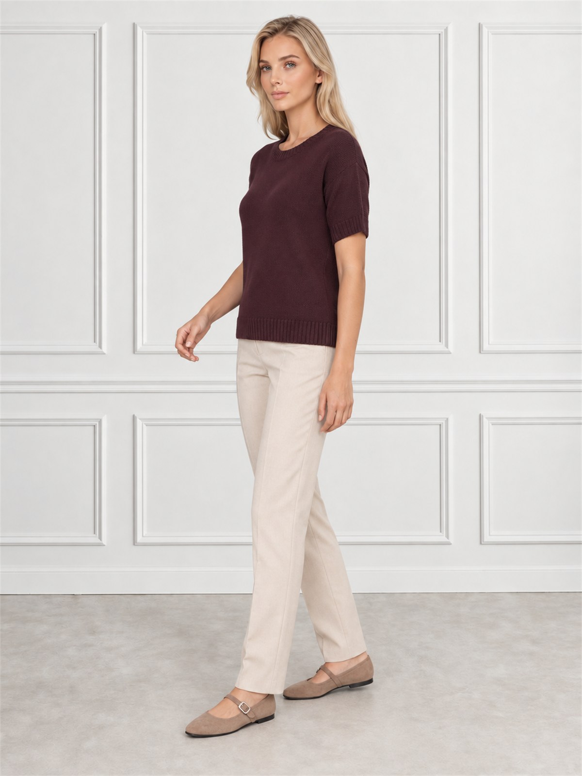 Sweter damski z krótkim rękawem bawełniany krój prosty Burgundowy - W260298