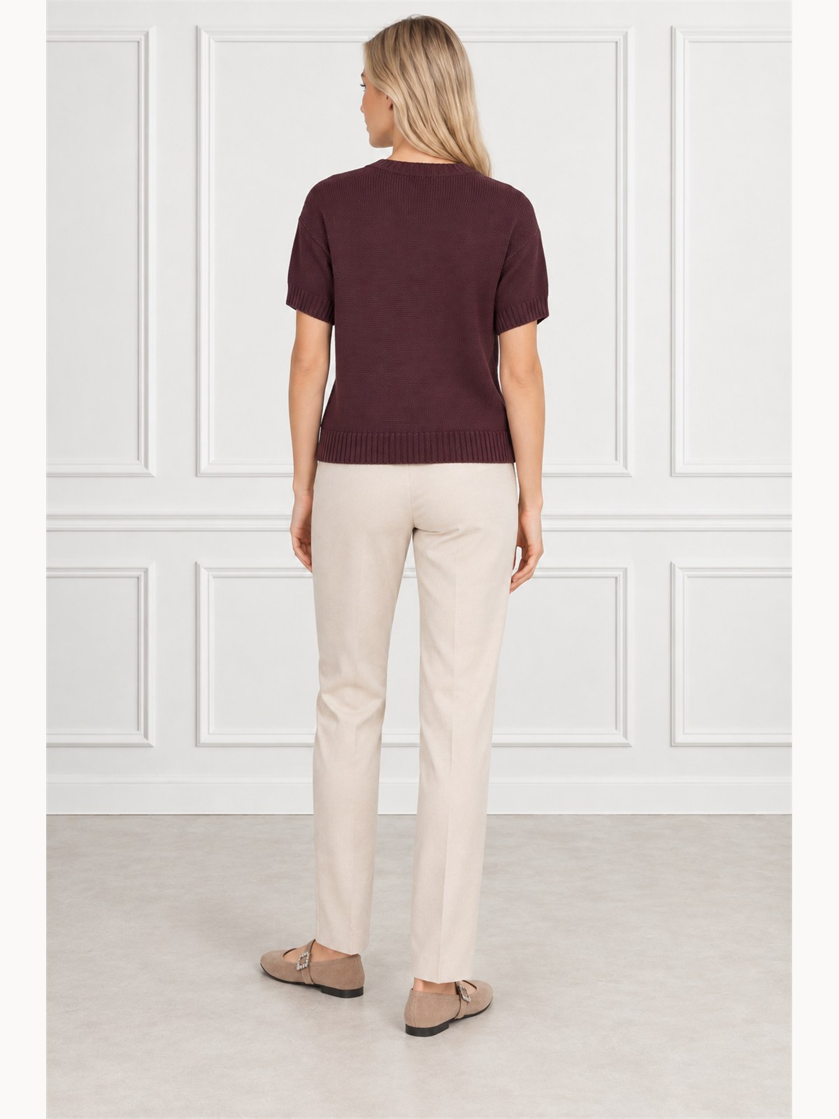 Sweter damski z krótkim rękawem bawełniany krój prosty Burgundowy - W260298