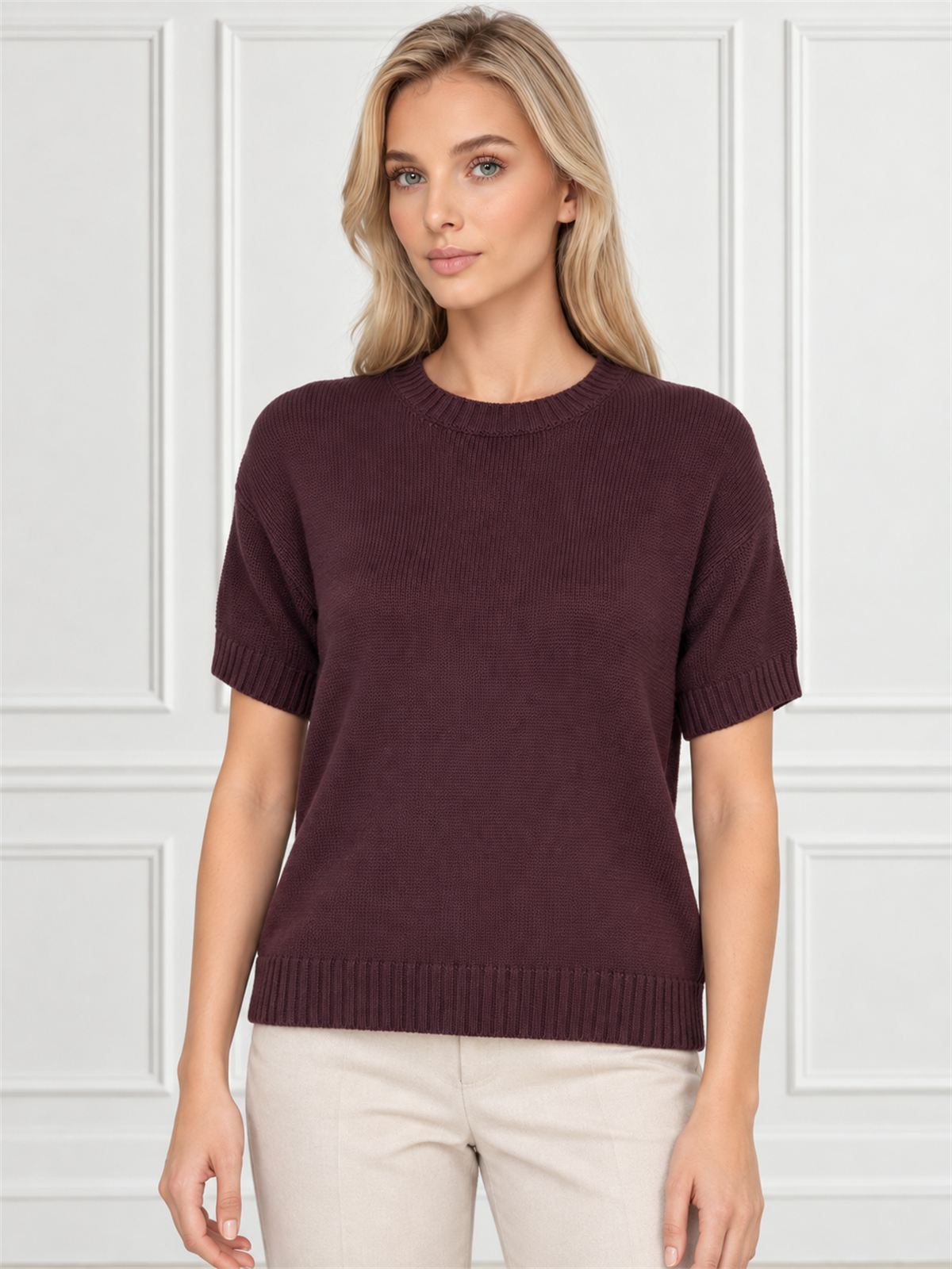 Sweter damski z krótkim rękawem bawełniany krój prosty Burgundowy - W260298