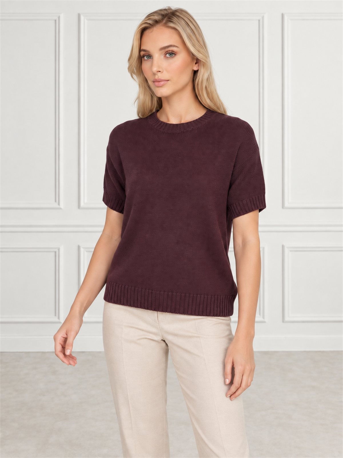 Sweter damski z krótkim rękawem bawełniany krój prosty Burgundowy - W260298