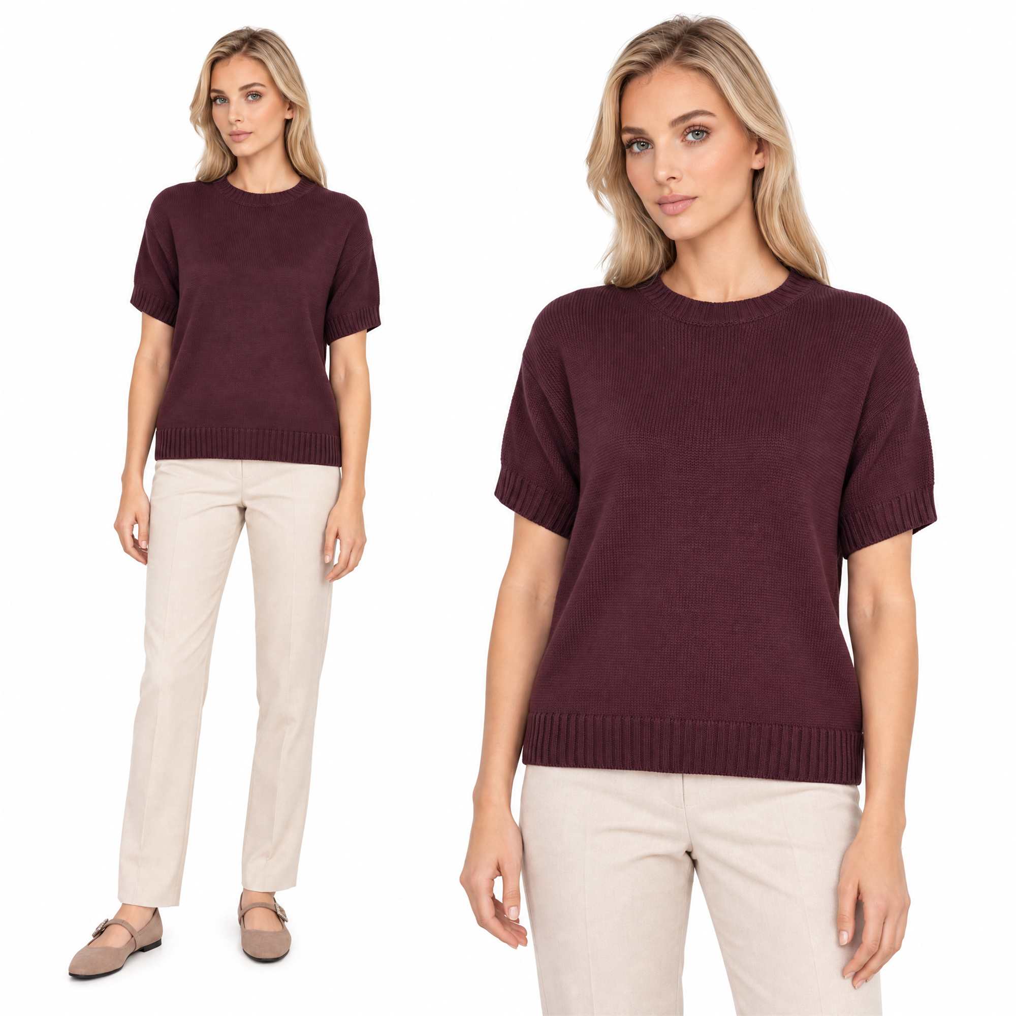 Sweter damski z krótkim rękawem bawełniany krój prosty Burgundowy - W260298