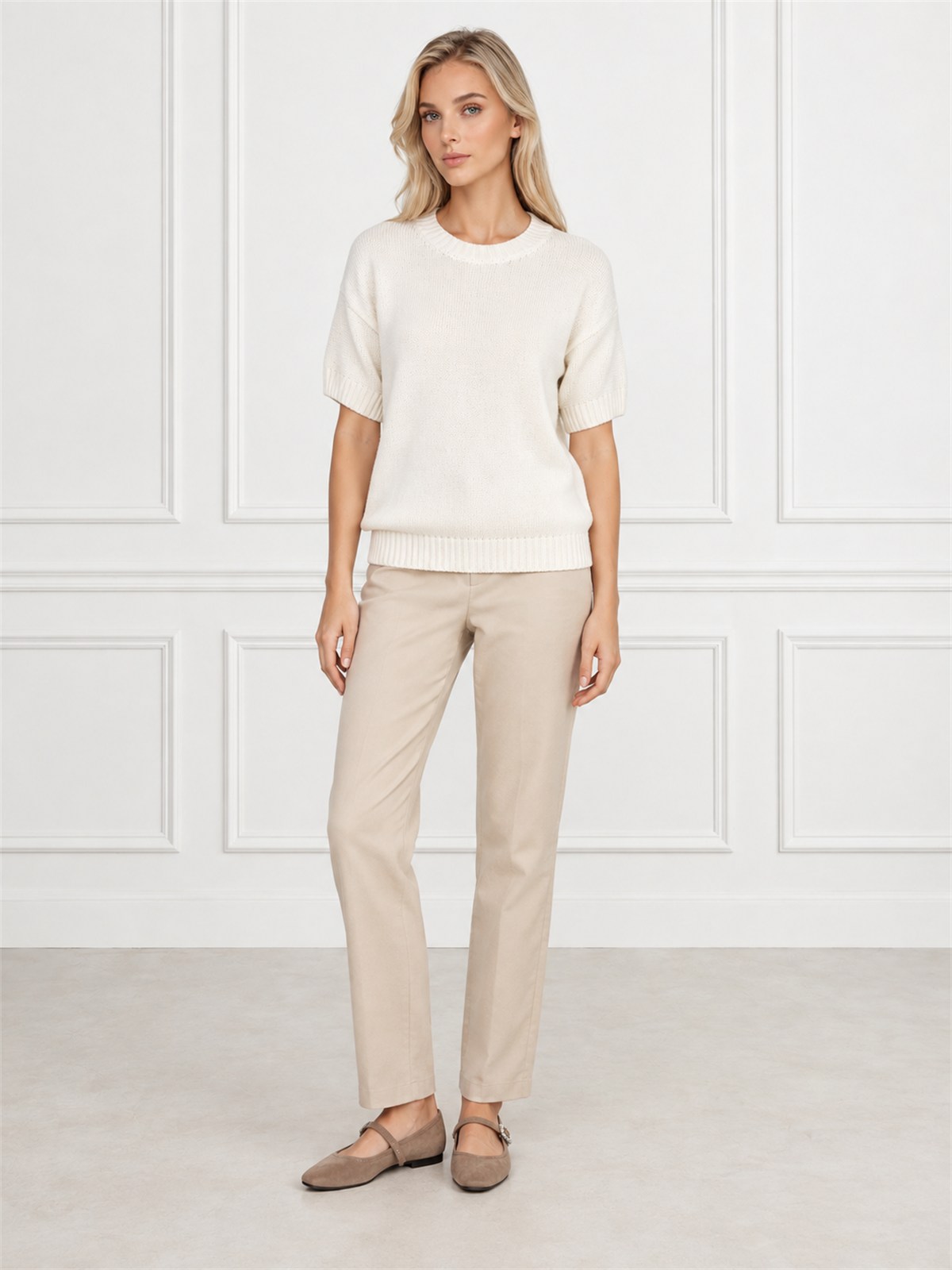 Sweter damski z krótkim rękawem bawełniany krój prosty Ecru - W260298