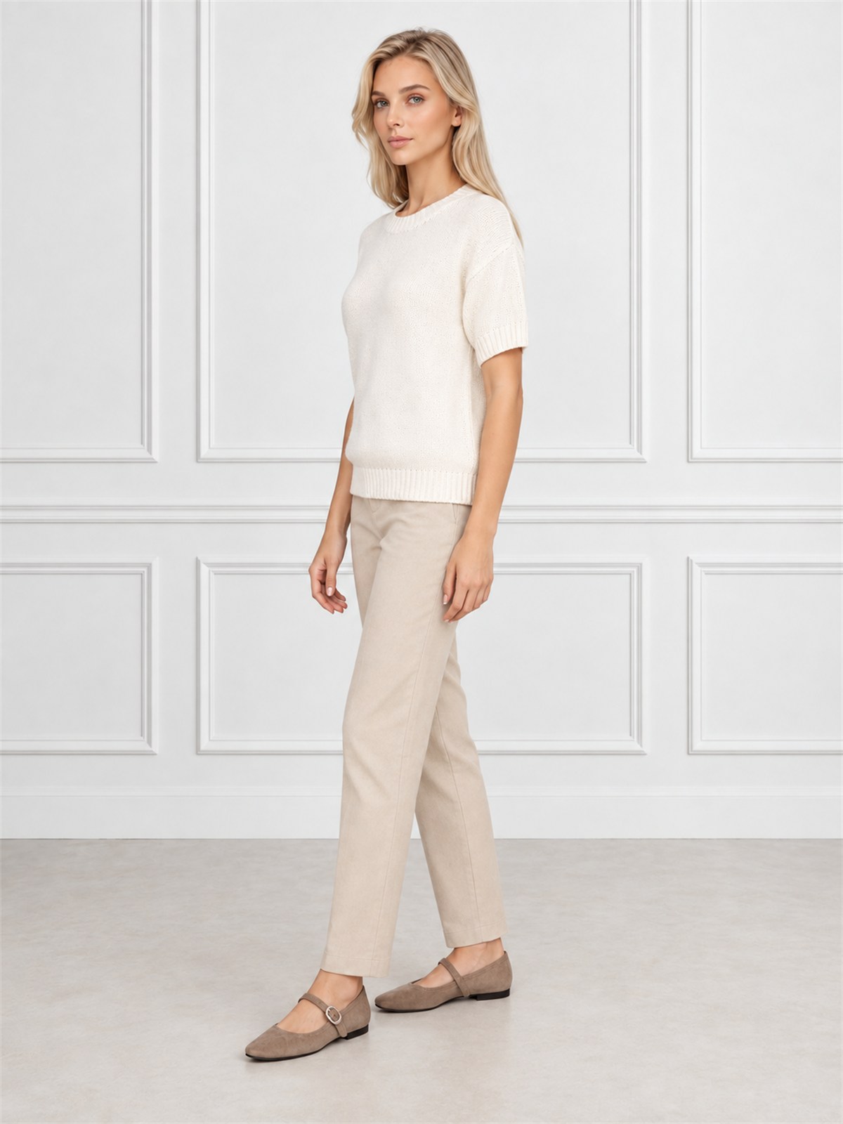 Sweter damski z krótkim rękawem bawełniany krój prosty Ecru - W260298