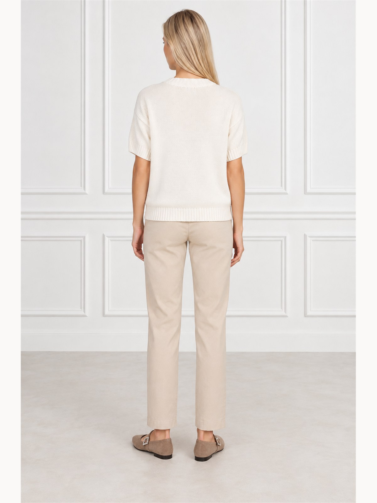 Sweter damski z krótkim rękawem bawełniany krój prosty Ecru - W260298