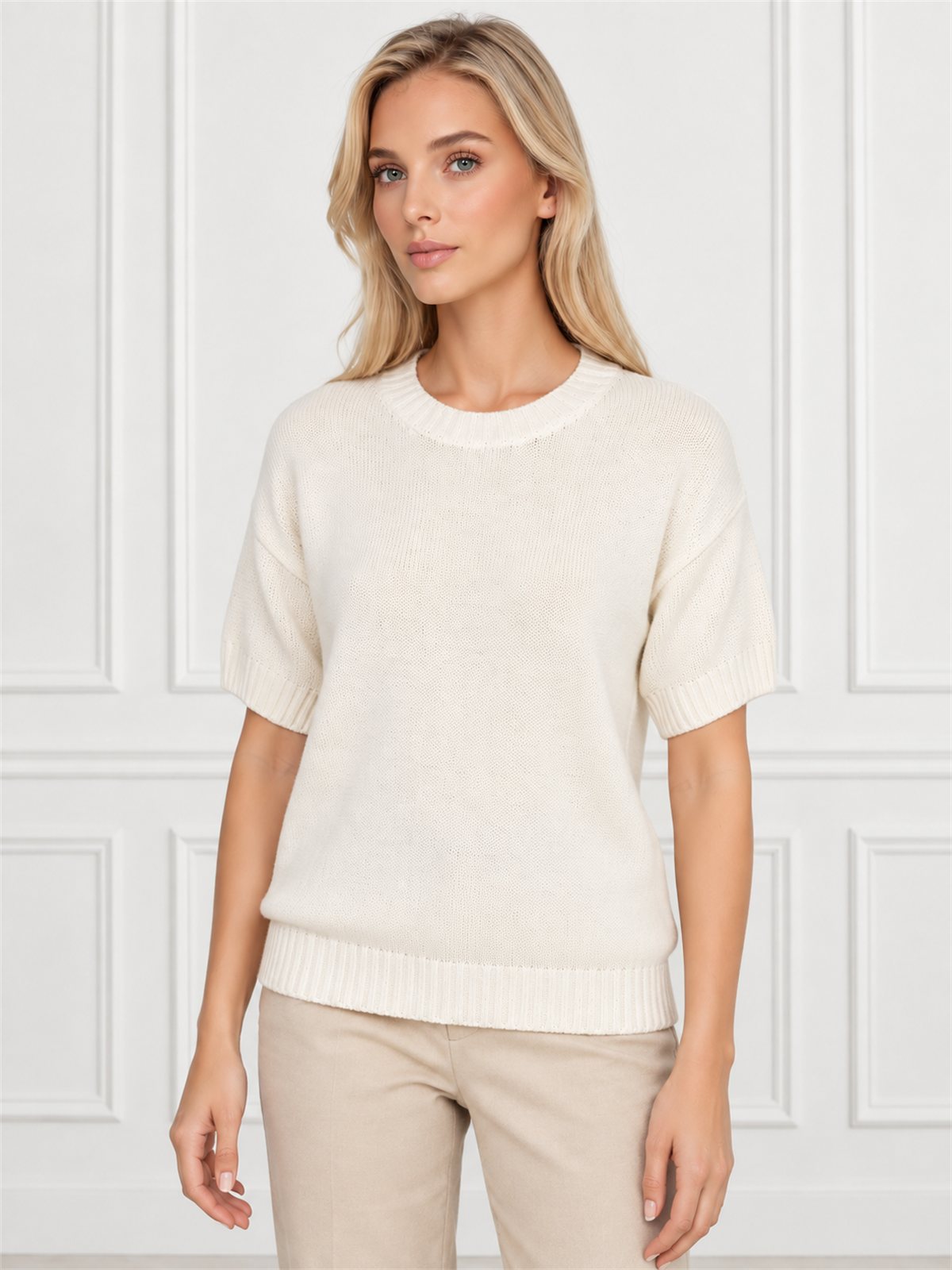 Sweter damski z krótkim rękawem bawełniany krój prosty Ecru - W260298