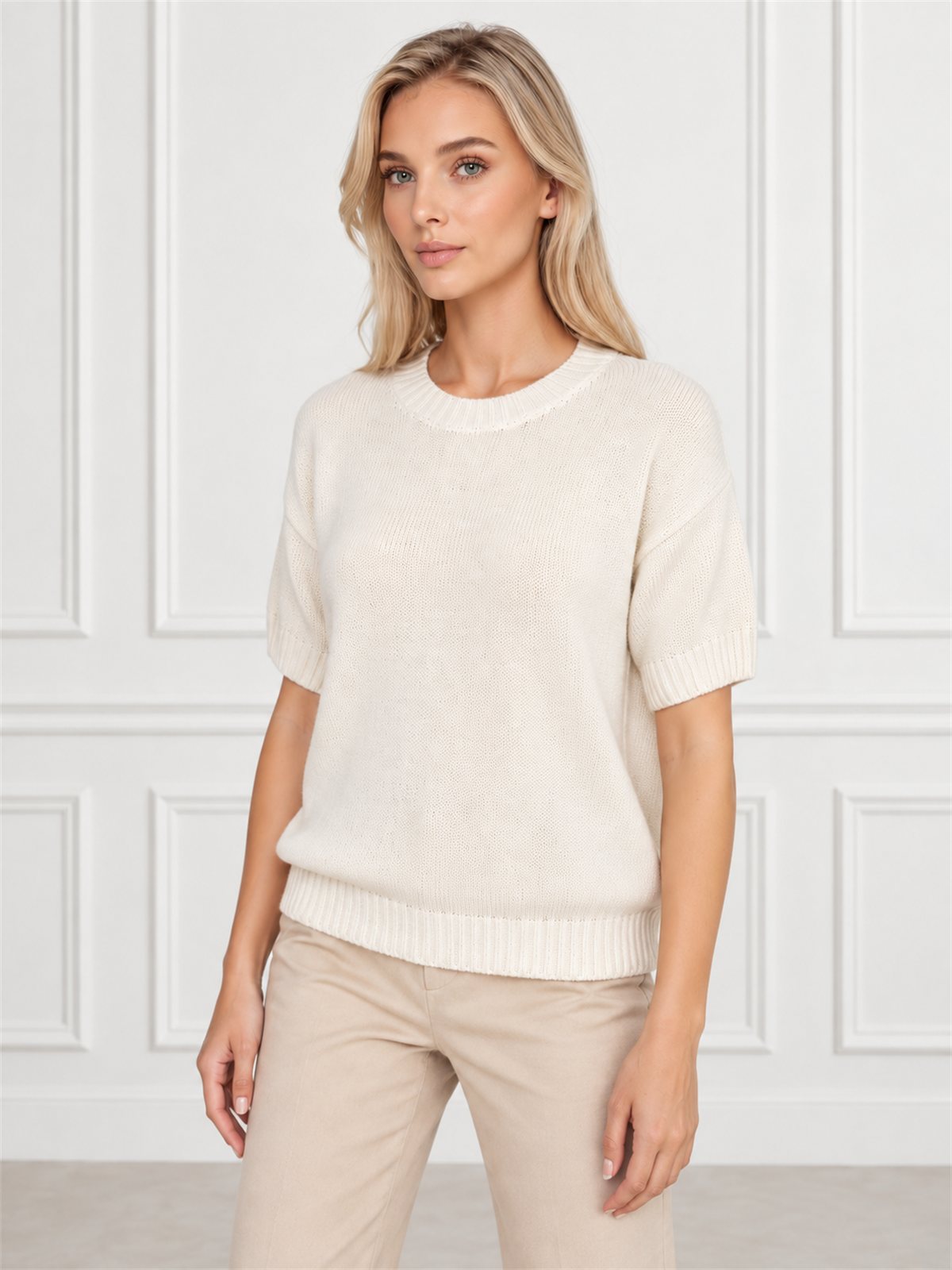Sweter damski z krótkim rękawem bawełniany krój prosty Ecru - W260298