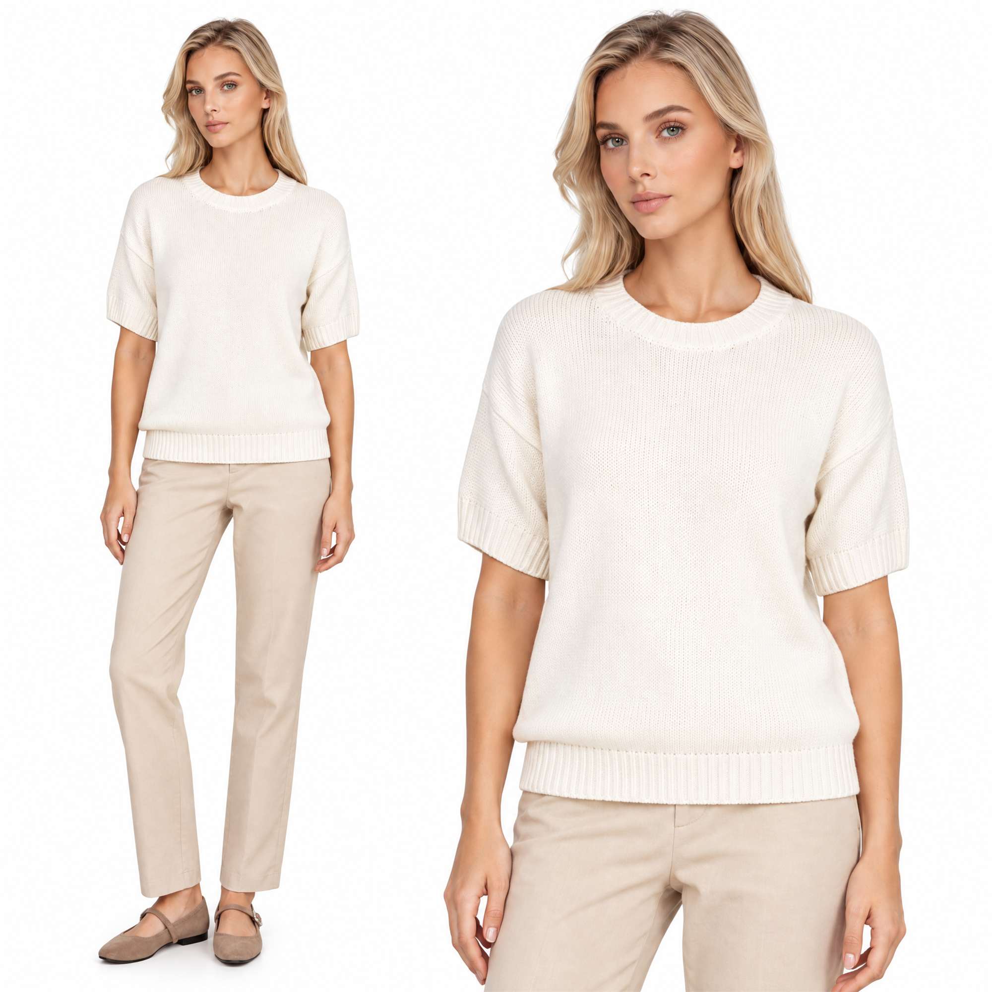 Sweter damski z krótkim rękawem bawełniany krój prosty Ecru - W260298