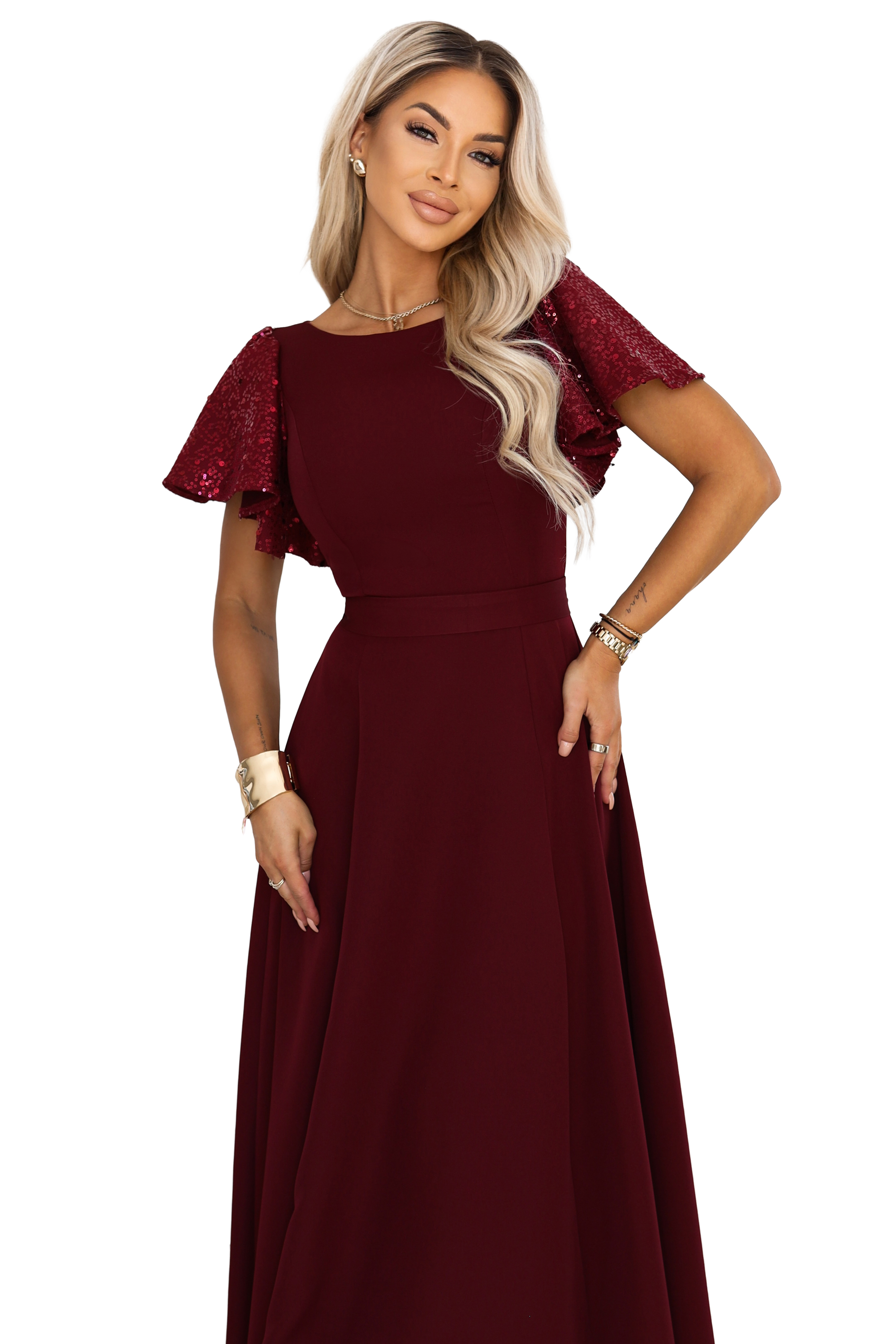 694-3 MIRELLA Elegancka rozkloszowana sukienka maxi z cekinowymi rękawami - bordowa-10 68672 