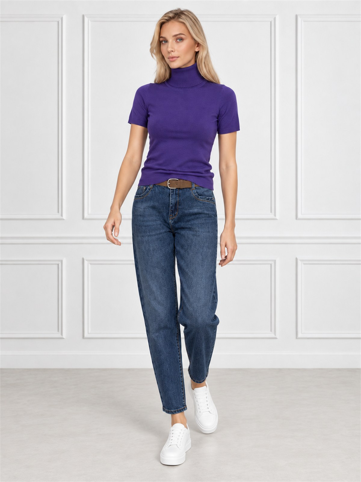 Obcisły sweter golf damski na krótki rękaw Fioletowy - J261952