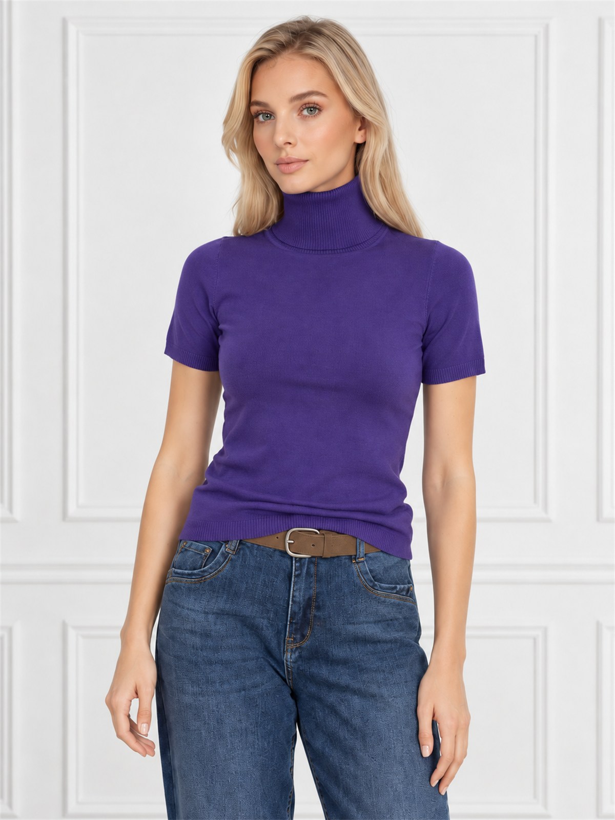 Obcisły sweter golf damski na krótki rękaw Fioletowy - J261952