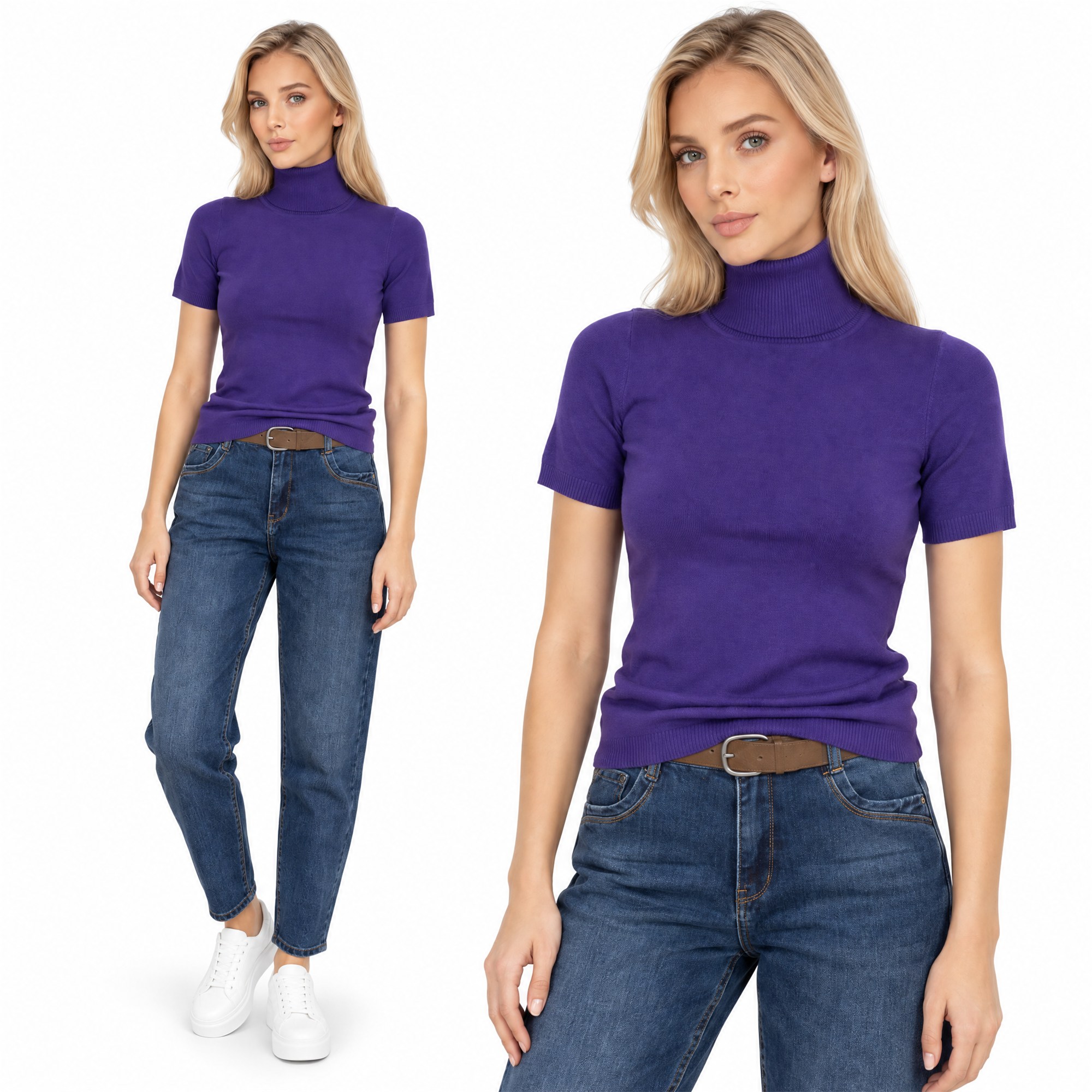 Obcisły sweter golf damski na krótki rękaw Fioletowy - J261952