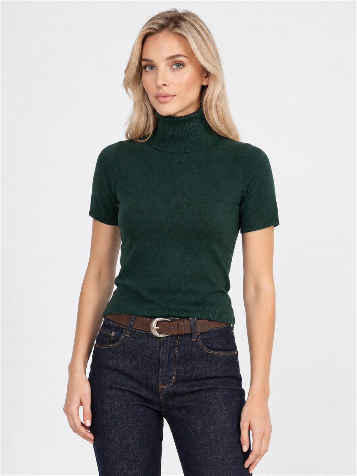 Obcisły sweter golf damski na krótki rękaw Butelkowa Zieleń - J261952