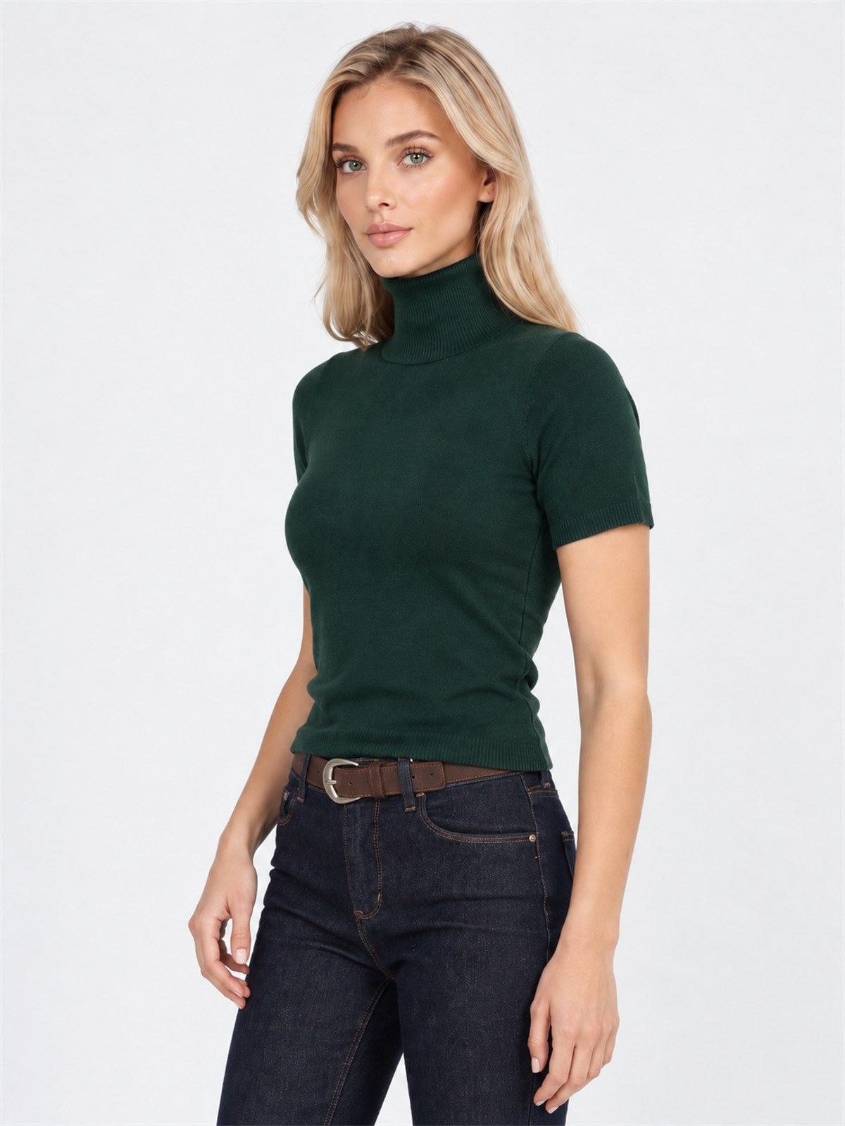Obcisły sweter golf damski na krótki rękaw Butelkowa Zieleń - J261952