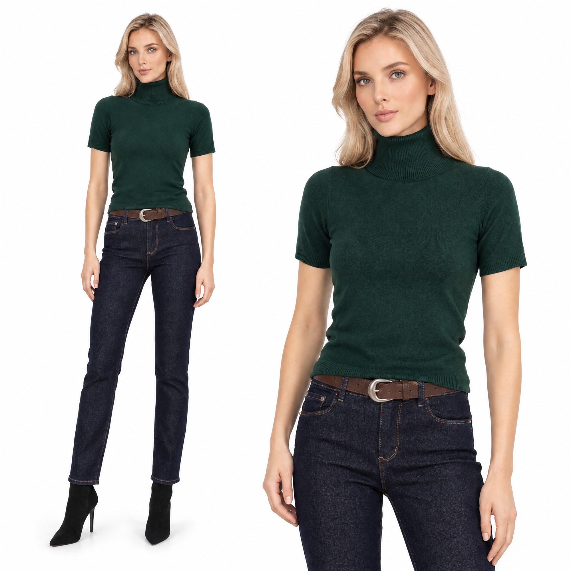 Obcisły sweter golf damski na krótki rękaw Butelkowa Zieleń - J261952
