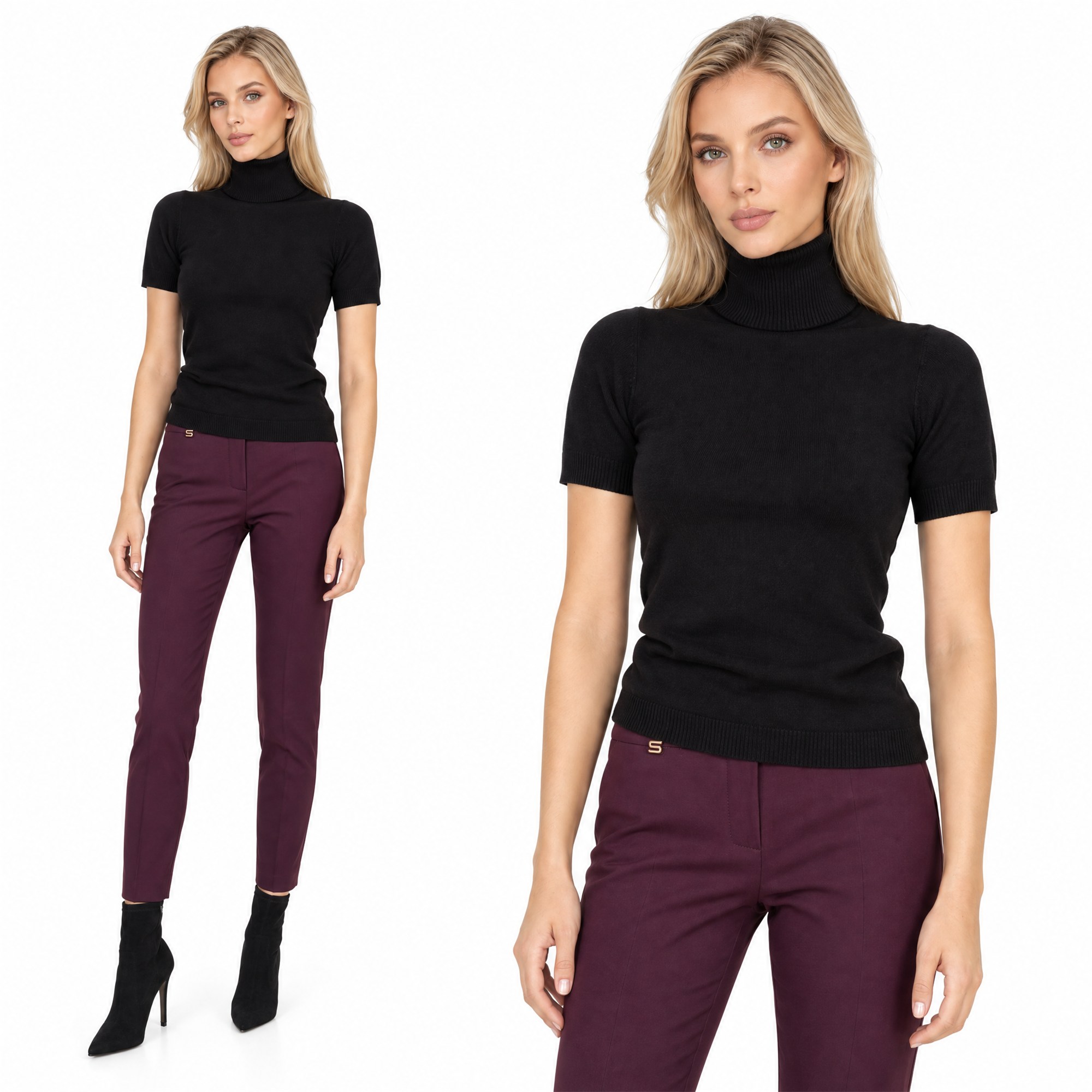 Obcisły sweter golf damski na krótki rękaw Czarny - J261952