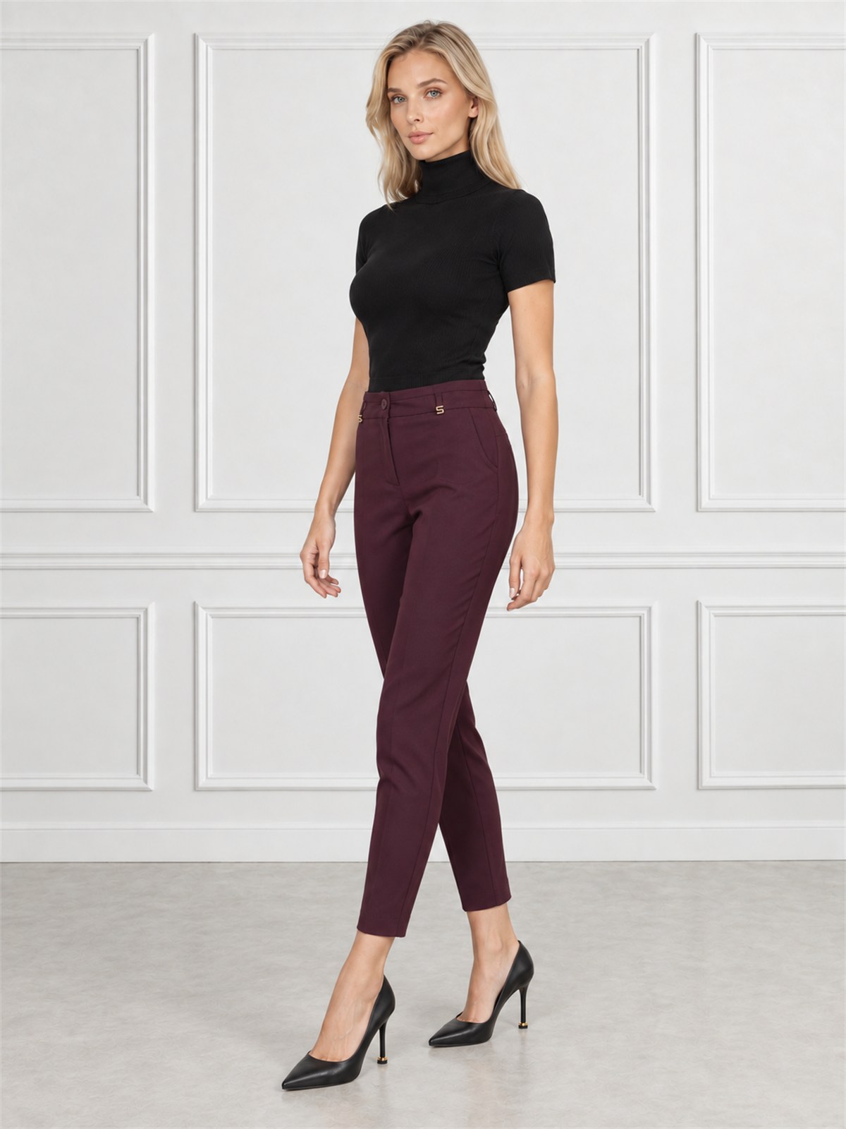 Eleganckie spodnie damskie cygaretki 7/8 Burgundowy - J231714