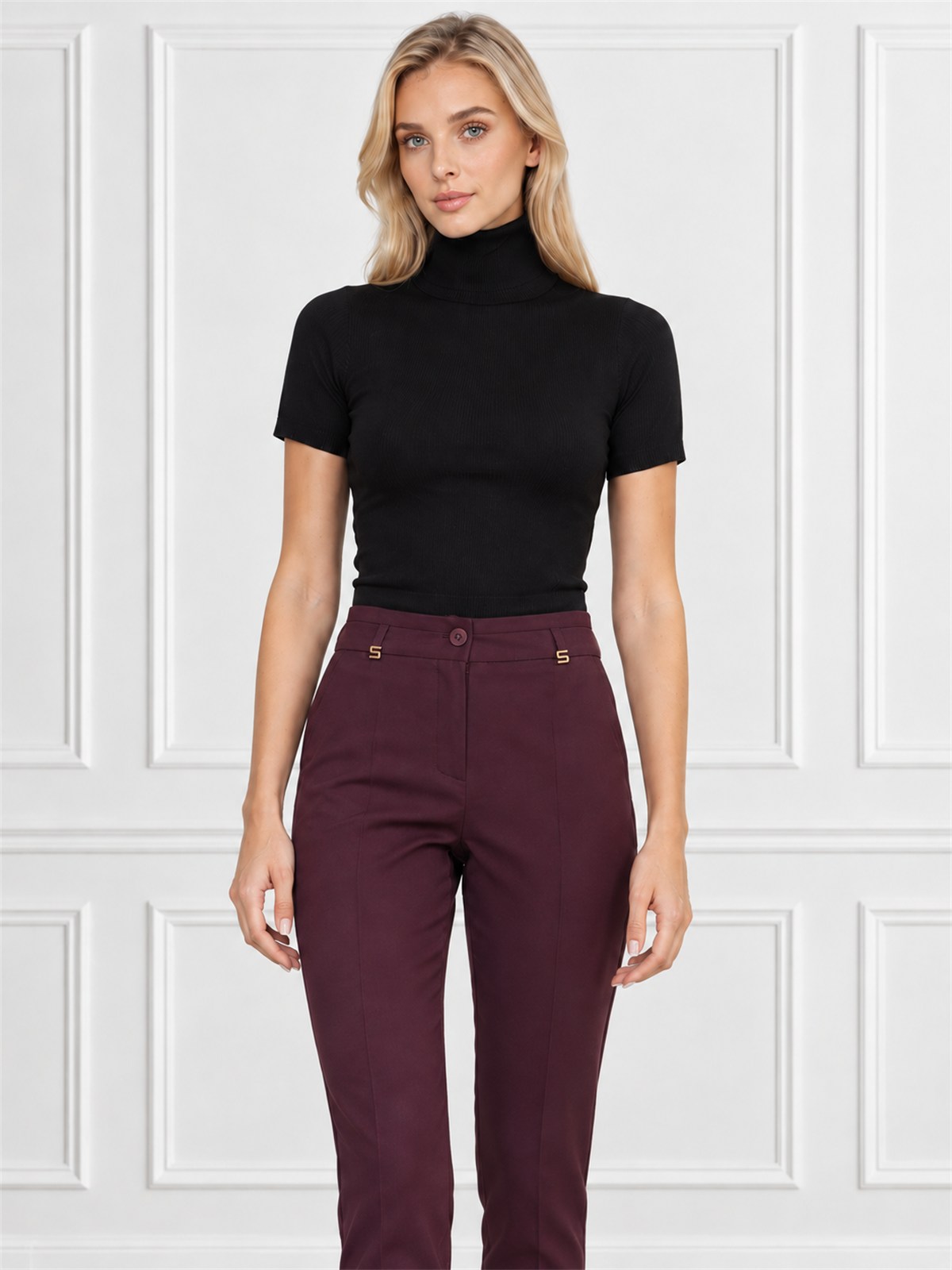Eleganckie spodnie damskie cygaretki 7/8 Burgundowy - J231714