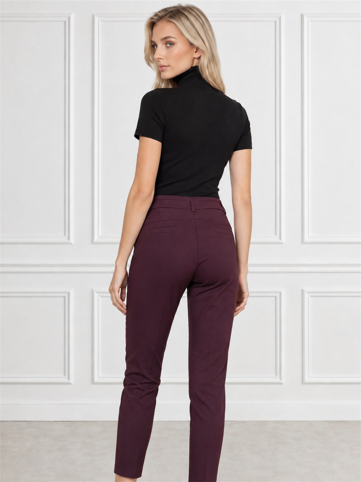 Eleganckie spodnie damskie cygaretki 7/8 Burgundowy - J231714