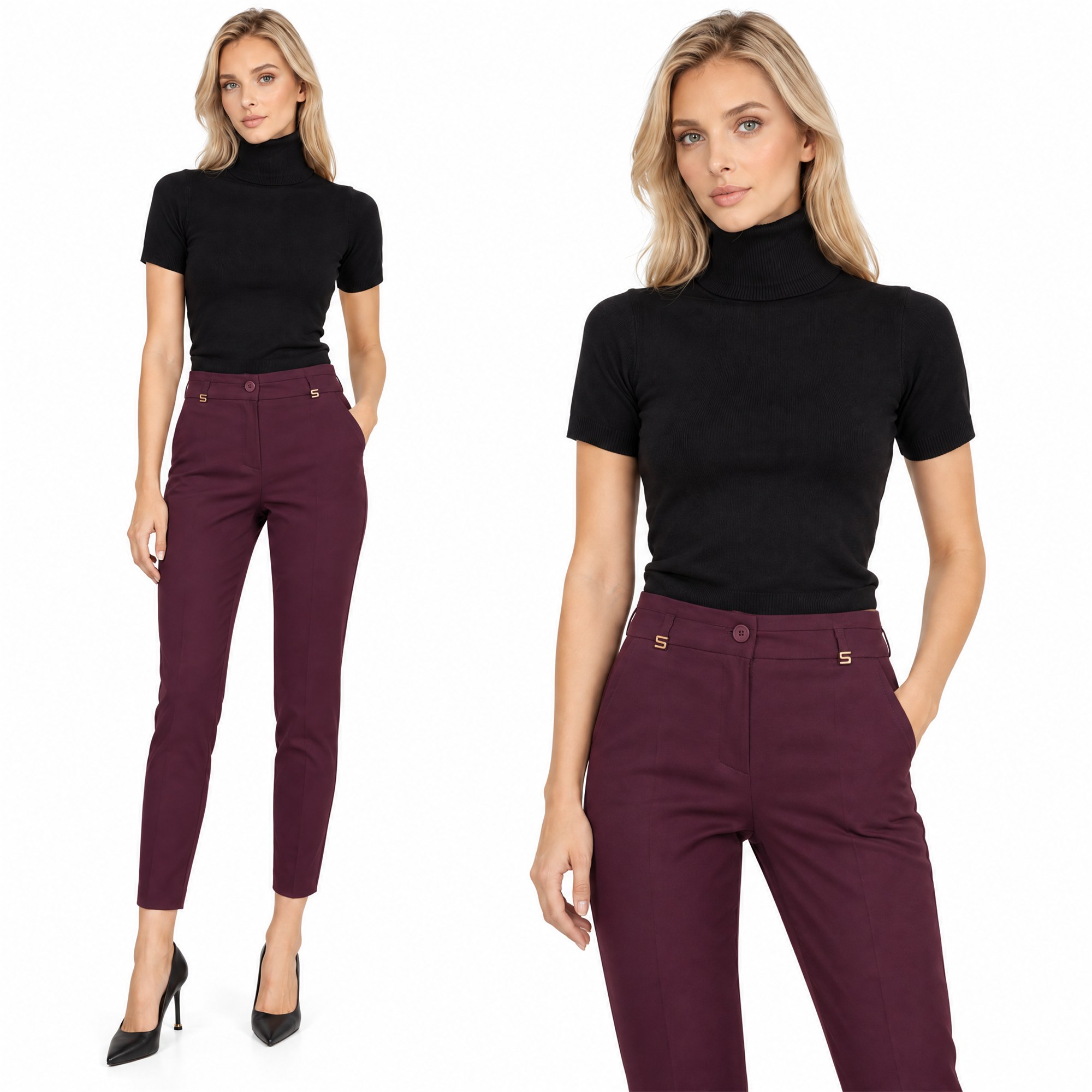Eleganckie spodnie damskie cygaretki 7/8 Burgundowy - J231714