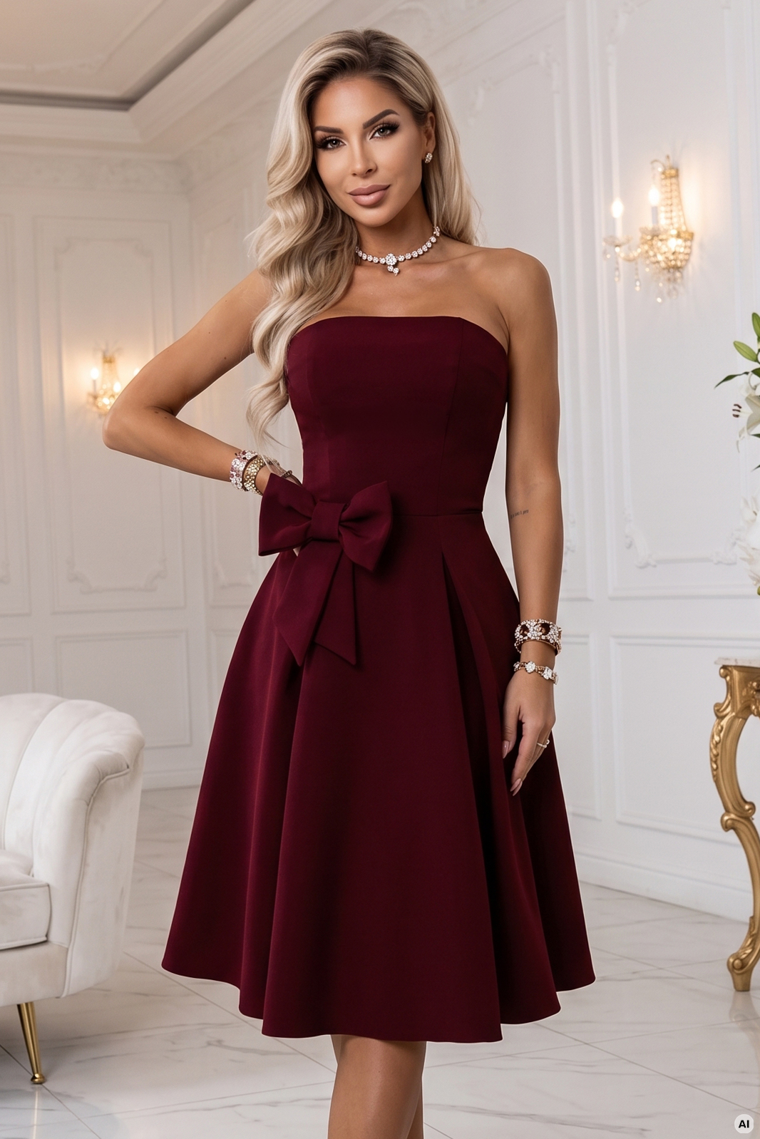 692-3 NAYA elegancka gorsetowa sukienka midi bez ramiączek z kokardą - bordowa-4 68694 