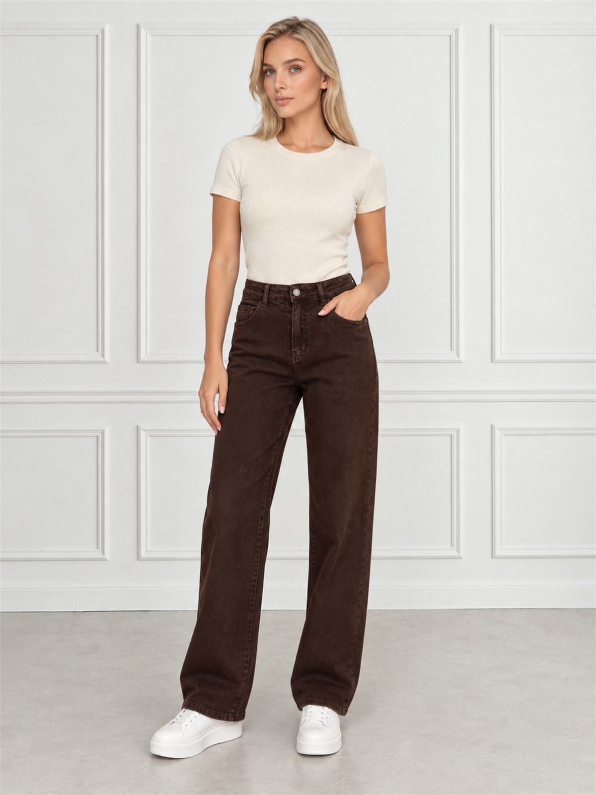 Spodnie jeans damskie M.Sara szerokie proste nogawki Straight Czekoladowe - J262017